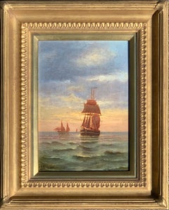 Antique French 19th century Victorian Shipping scene at Sunset