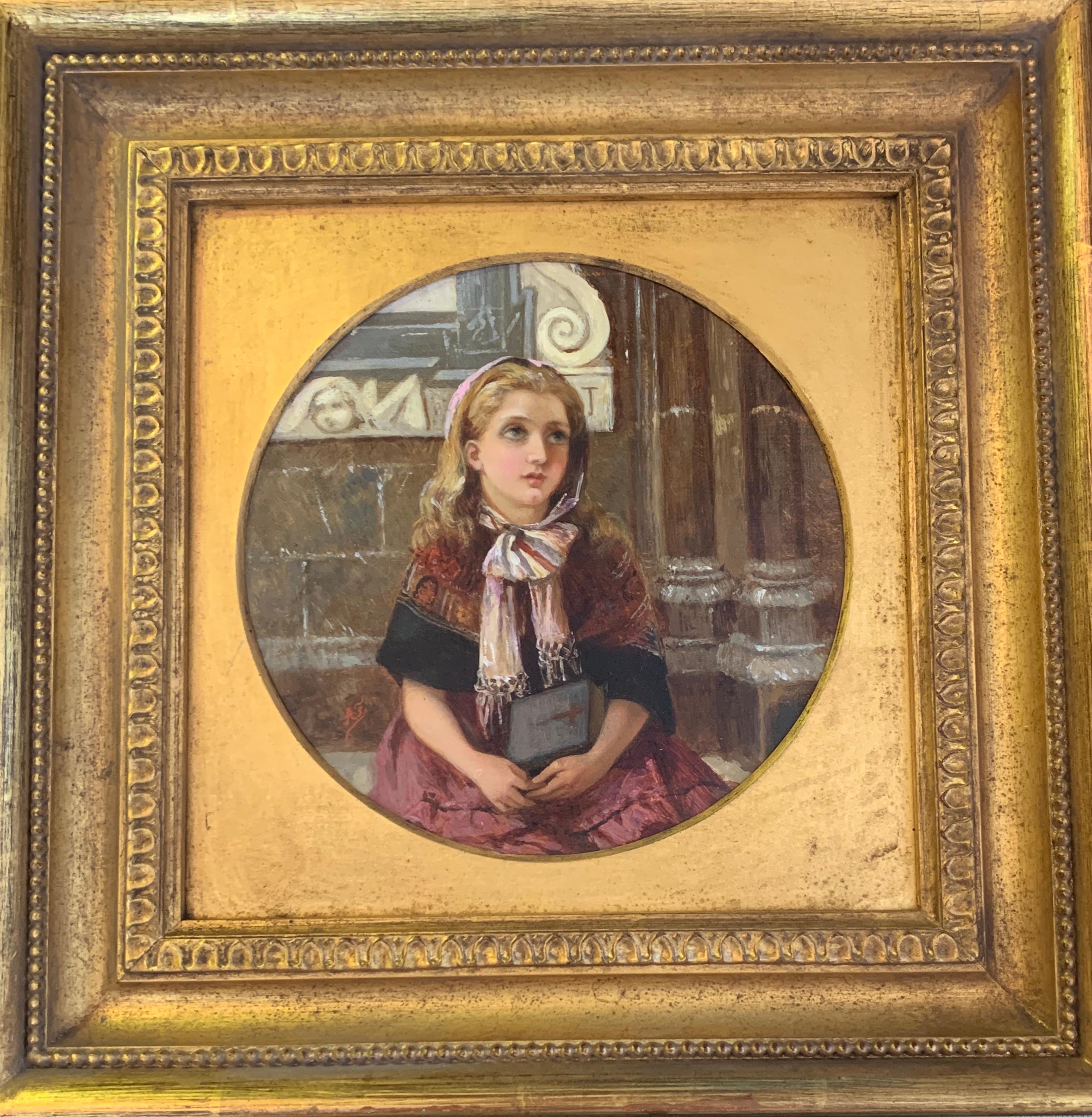Victorian  Oil Portrait of a little girl at church on Sunday Morning