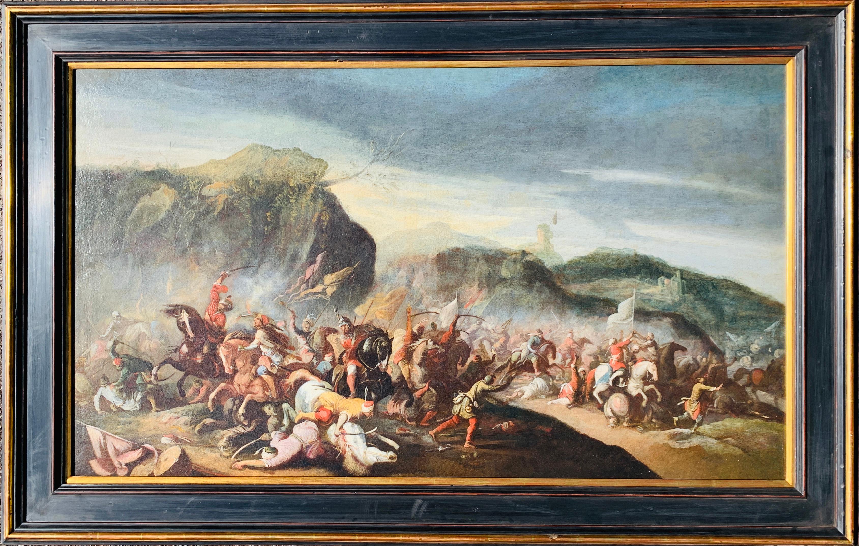 Scène de bataille de chevaux italienne du 17ème siècle entre des guerriers et leur ennemi