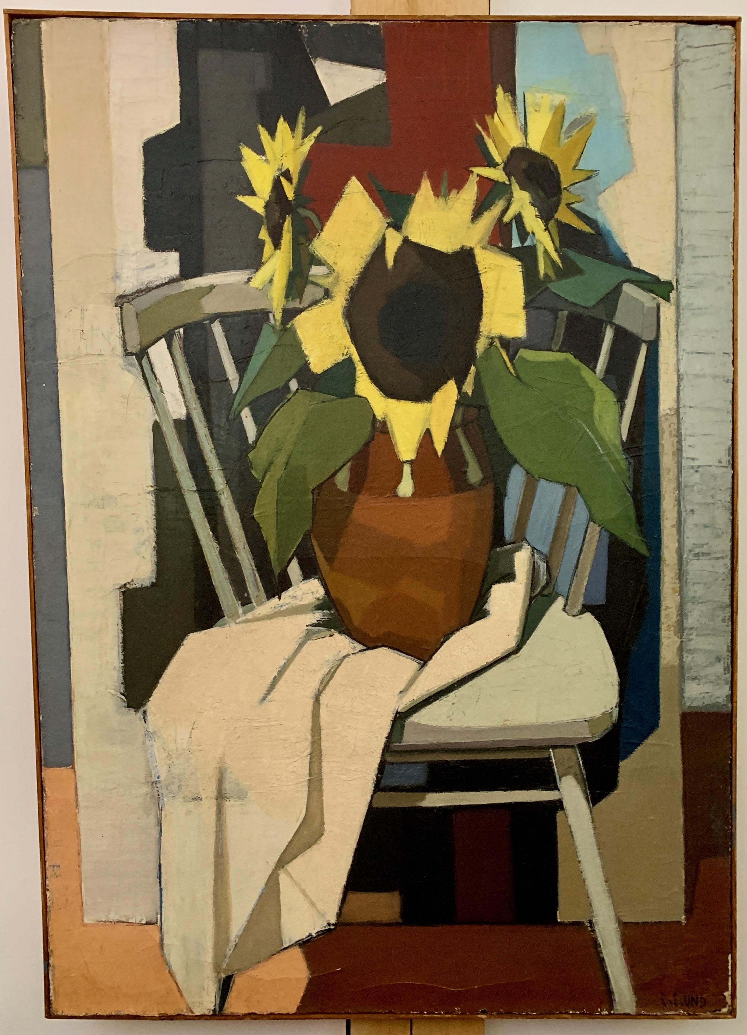 Edmond Lund Abstract Painting - Modernist 1950's mid century still life of Sunflowers in an interior