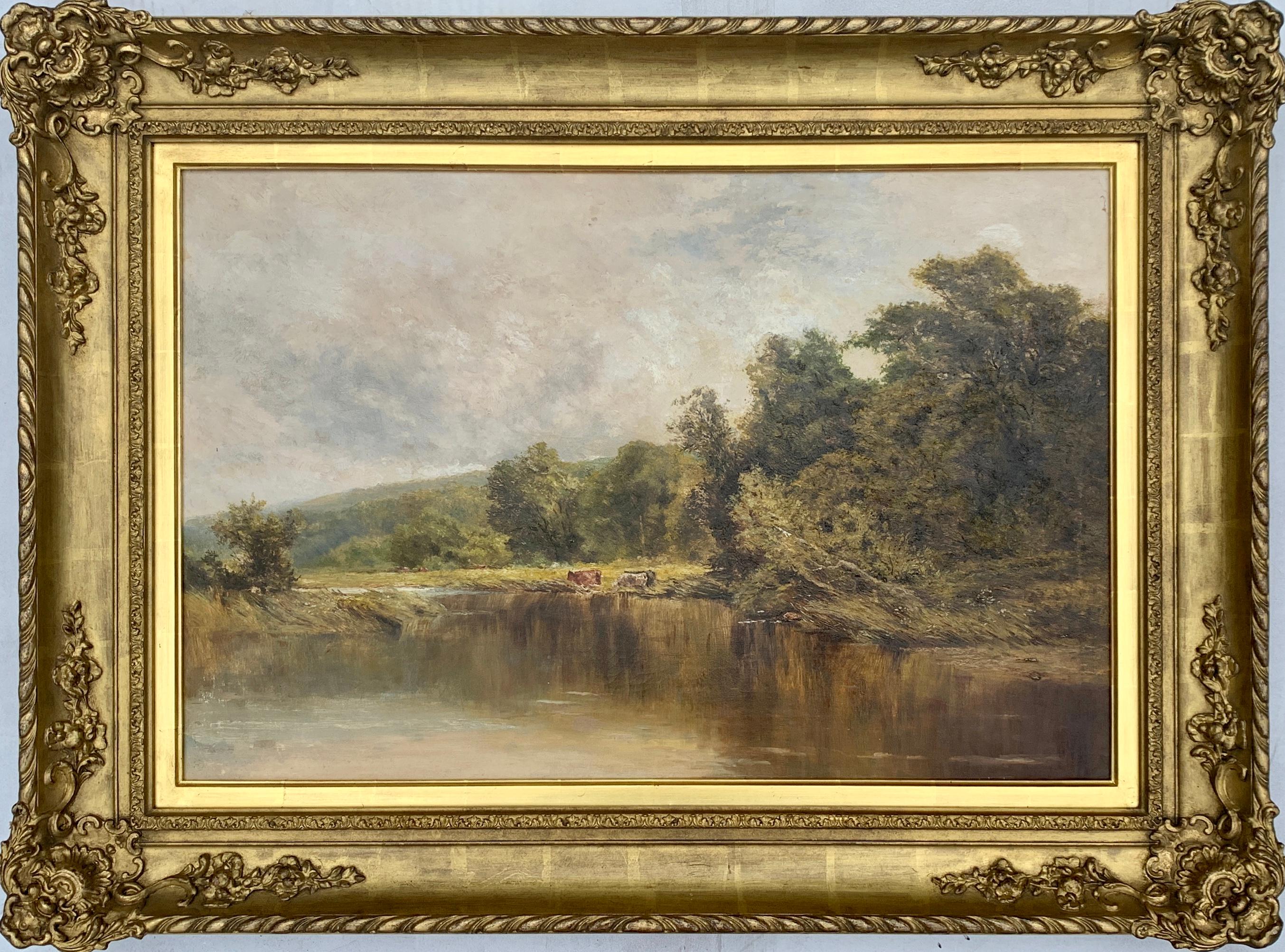 Attributed to Henry H Parker Animal Painting - An English Victorian 19th century River Landscape , with cattle and trees