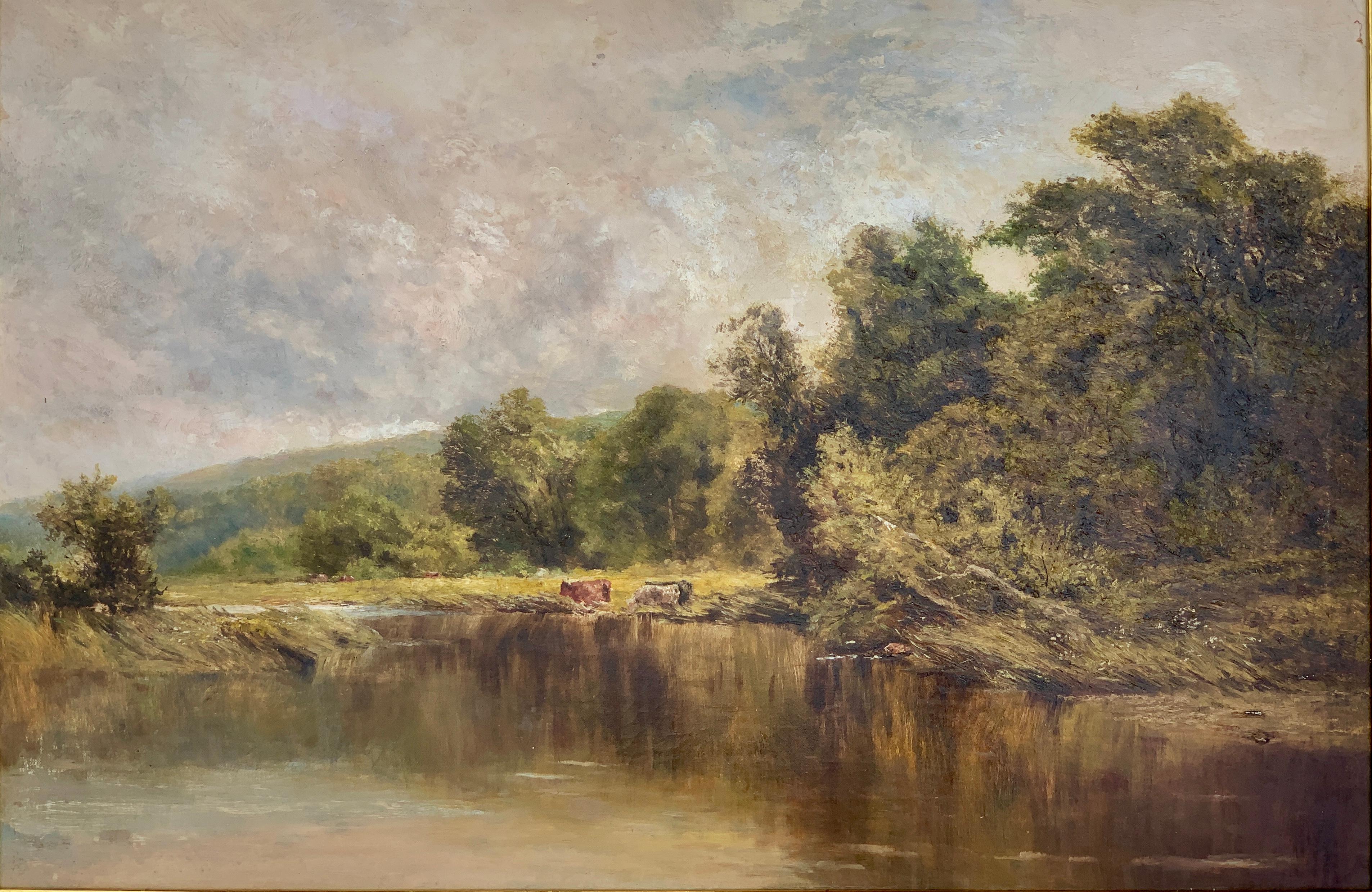 An English Victorian 19th century River Landscape , with cattle and trees - Painting by Attributed to Henry H Parker