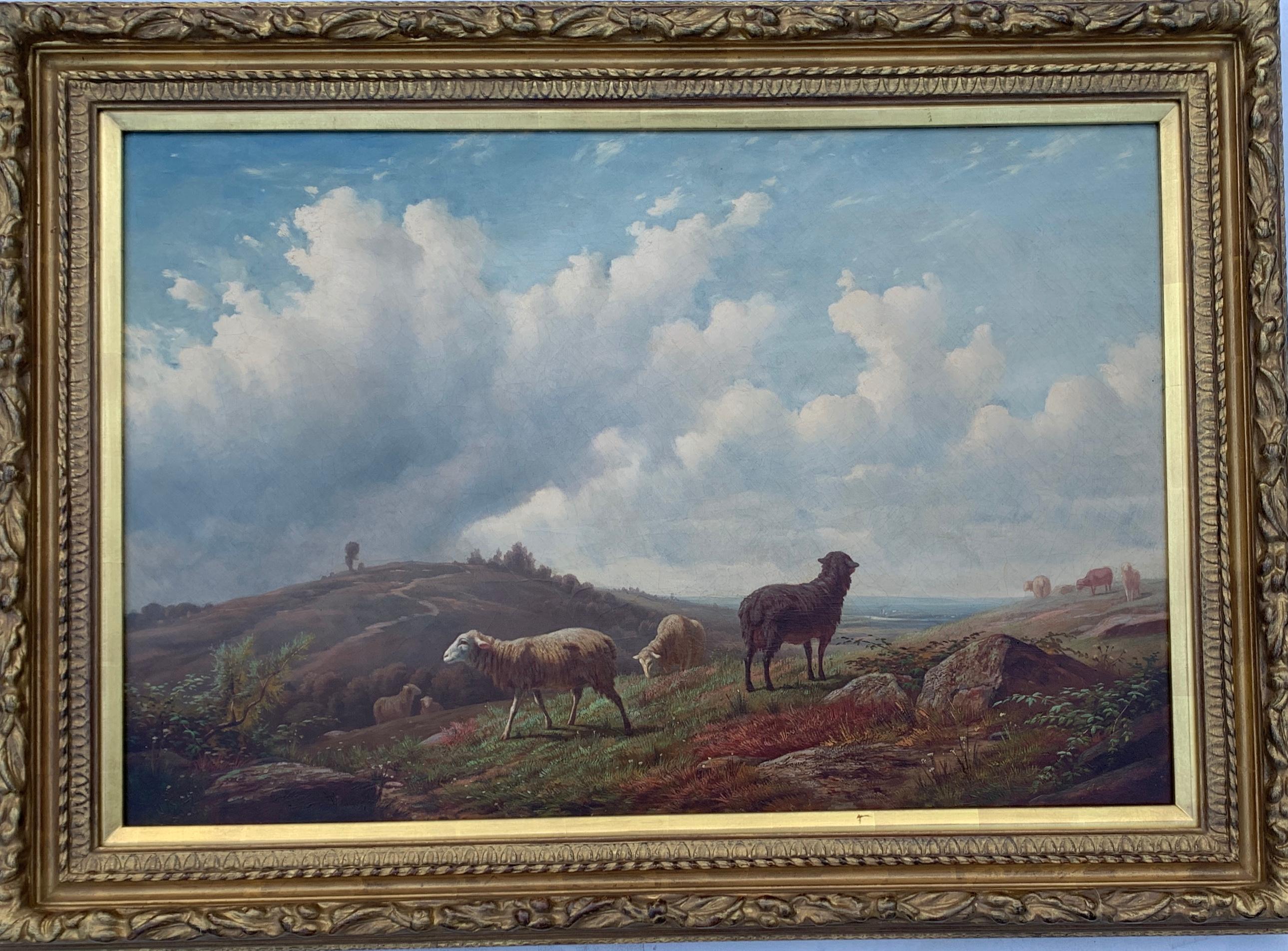 Attributed to Cornelius Van Leemputten Landscape Painting - European Victorian 19th Century Belgium portrait of sheep in a landscape,