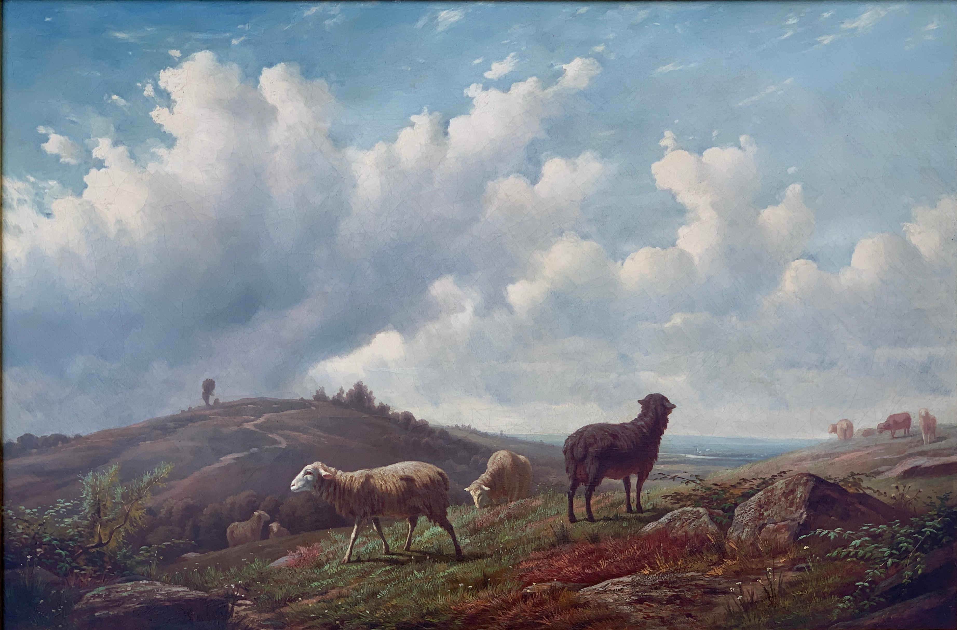 European Victorian 19th Century Belgium portrait of sheep in a landscape, - Painting by Attributed to Cornelius Van Leemputten