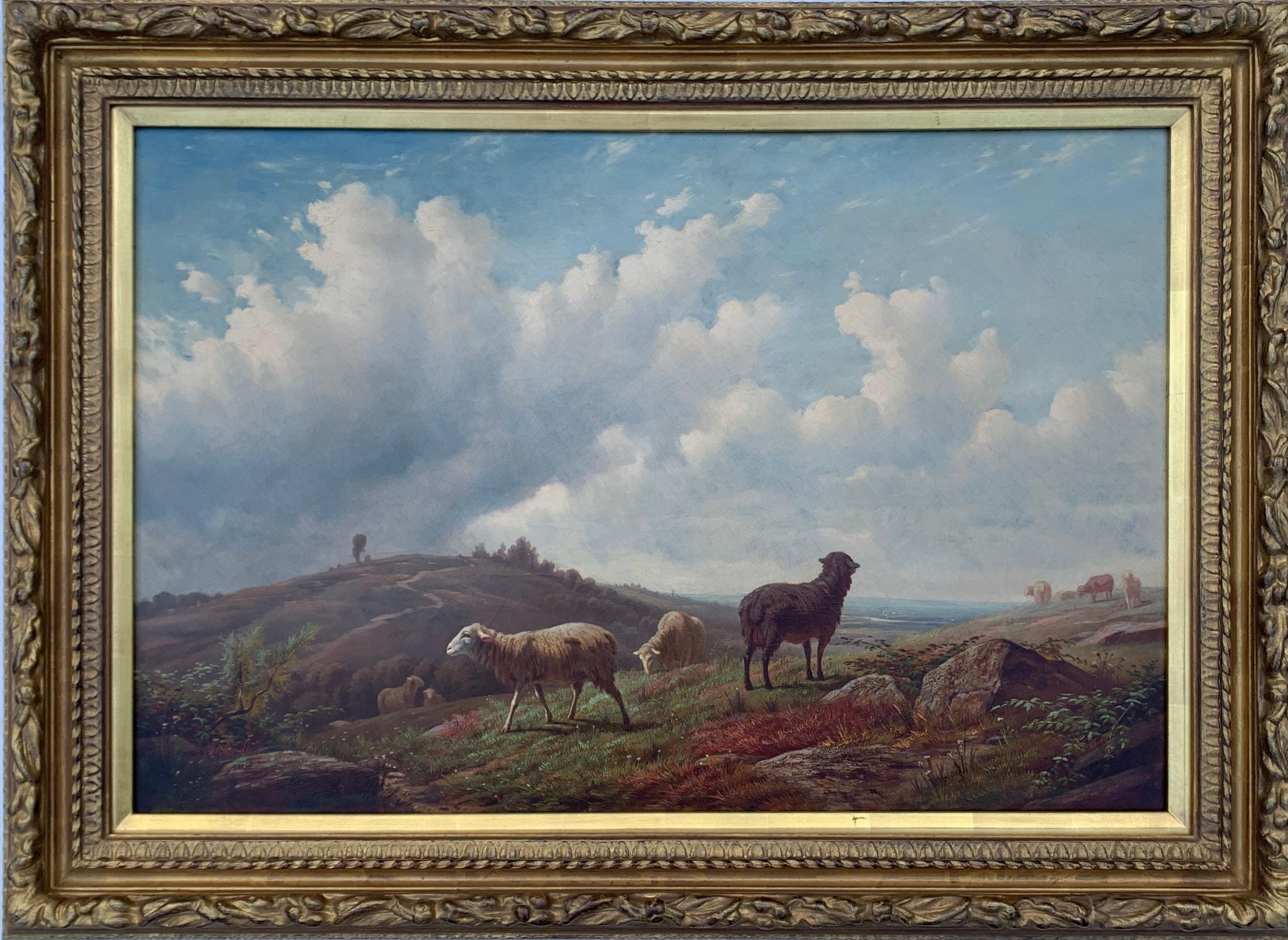 European Victorian 19th Century Belgium portrait of sheep in a landscape, 2