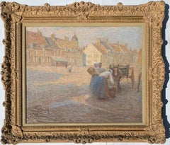 Antique 19th century Impressionist French town scene with horse and cart, Breton