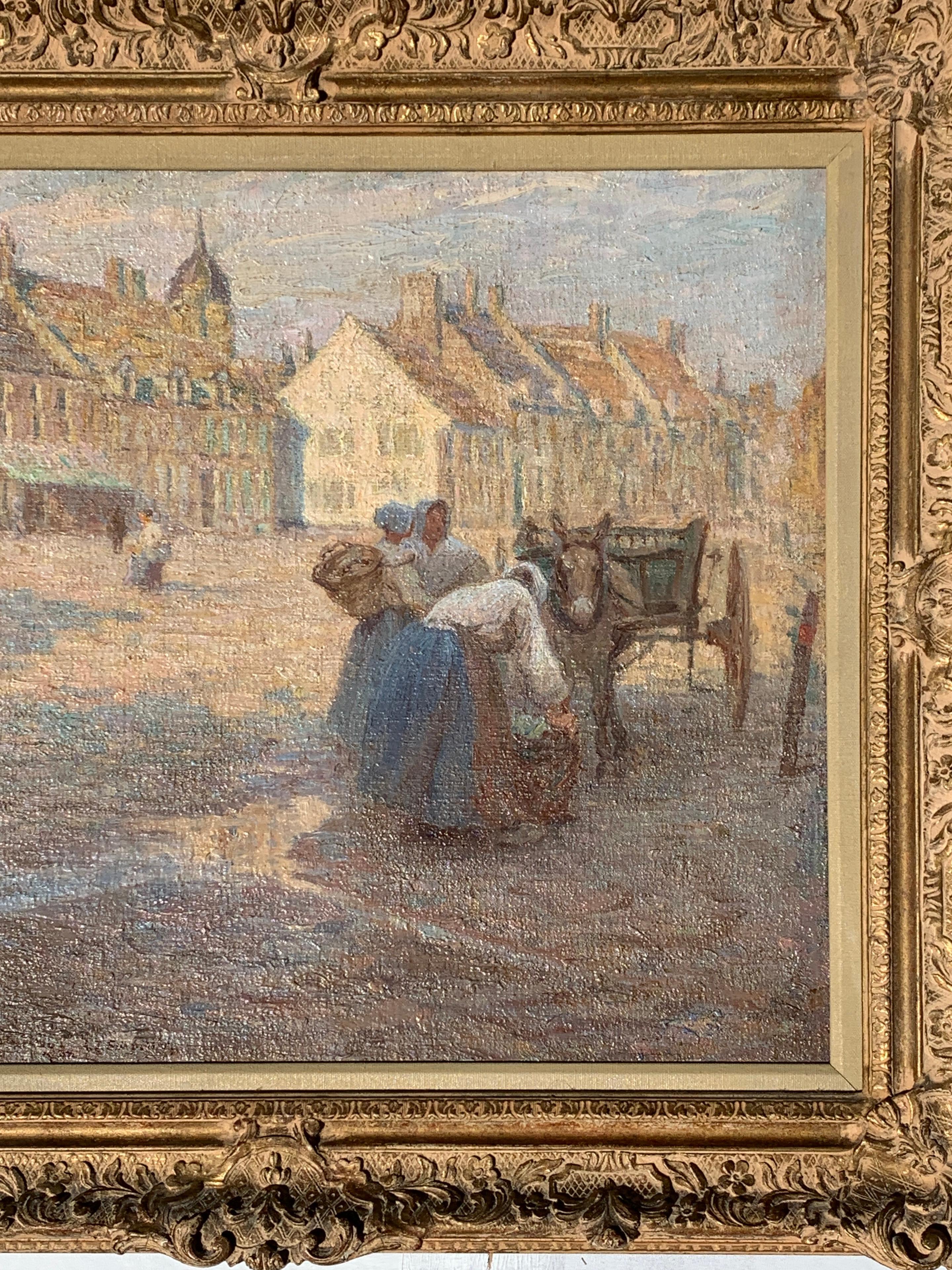 19th century Impressionist French town scene with horse and cart, Breton  - Painting by A.L.Simpson