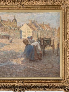19th century Impressionist French town scene with horse and cart, Breton