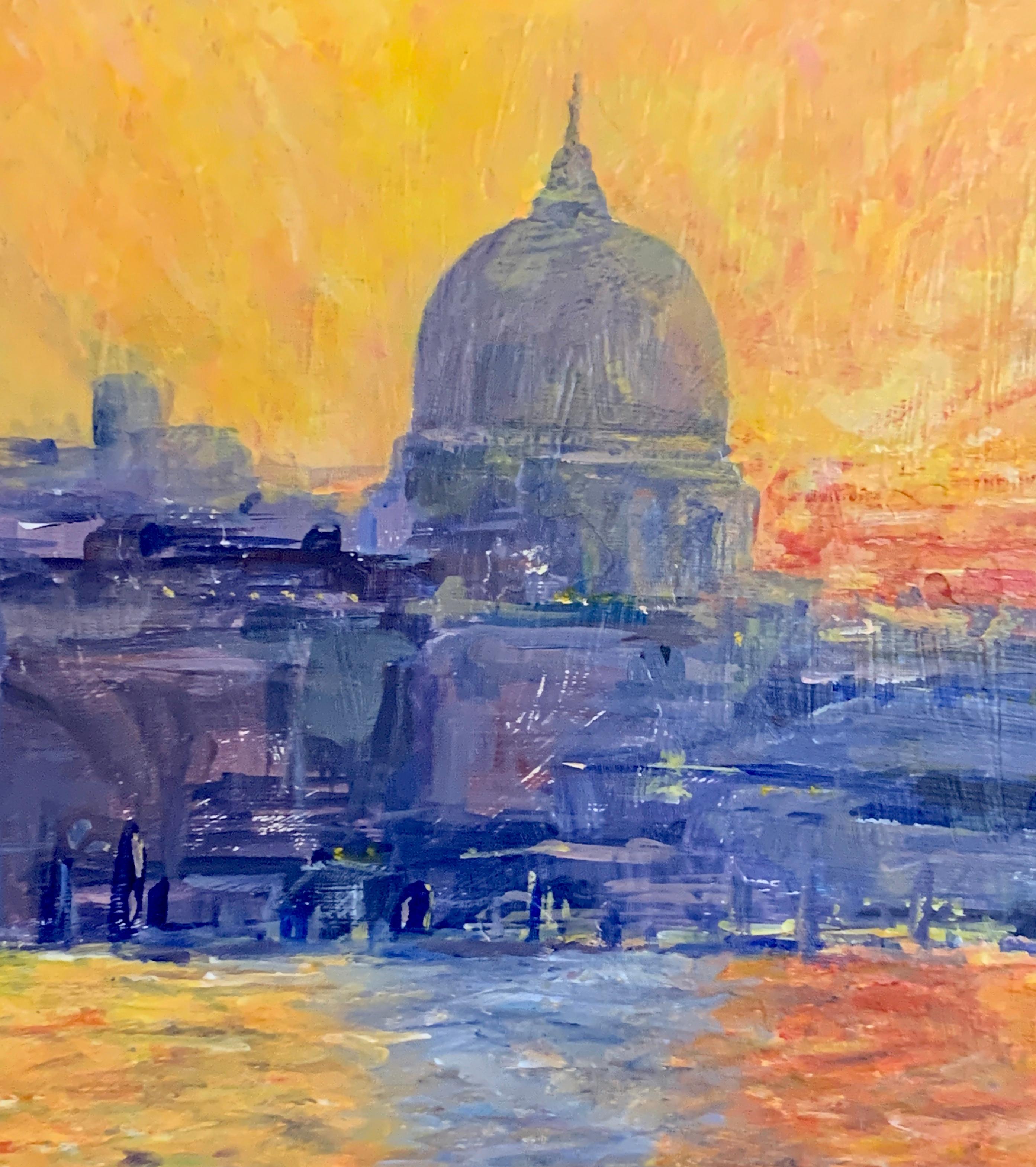 English Impressionist View from the Thames River of St. Pauls at Sunset London - Painting by David J Brooker