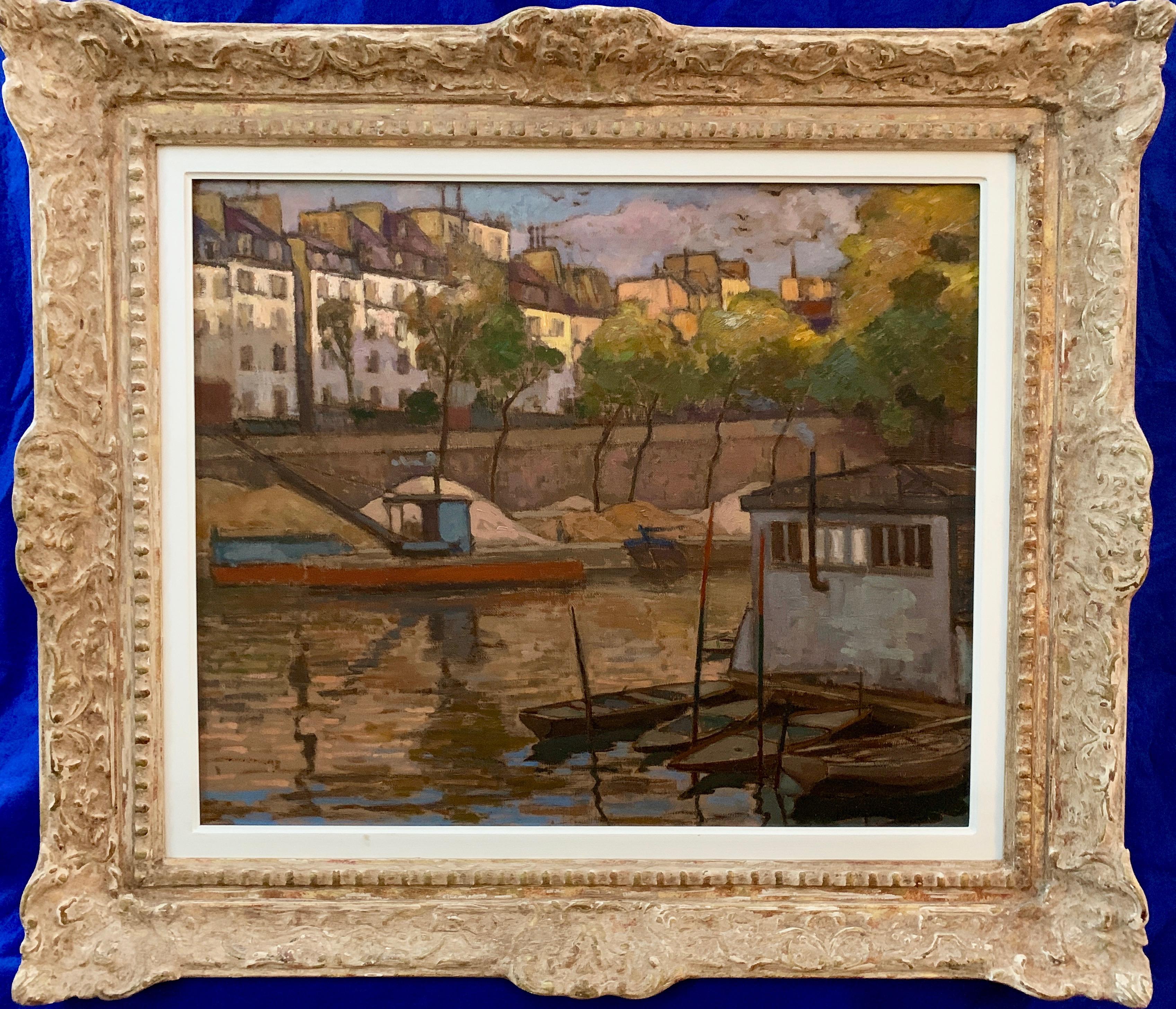 Henry Stanford Landscape Painting - French Early 20th century view from the Seine Paris with an artist barge boat