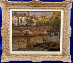French Early 20th century view from the Seine Paris with an artist barge boat