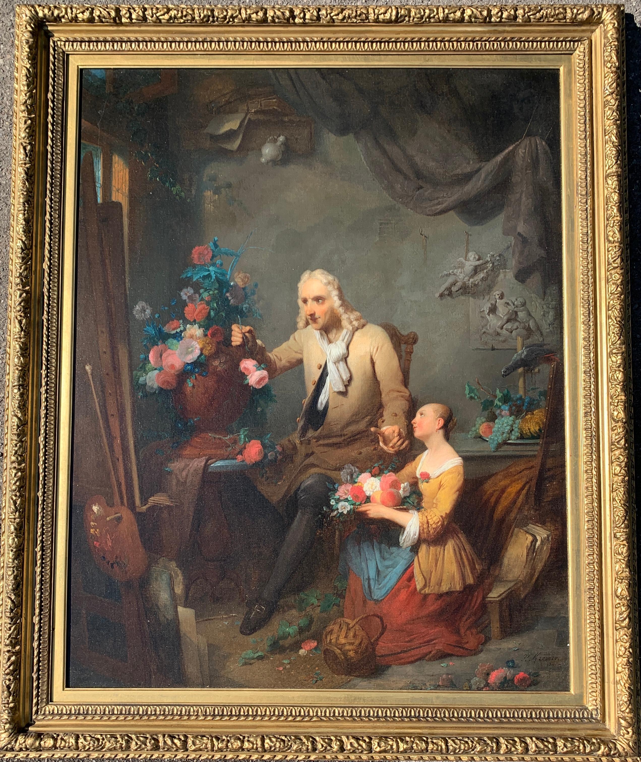 Petrus Kremer Figurative Painting - Dutch antique Portrait of an Artist in his studio with a young girl, flowers 