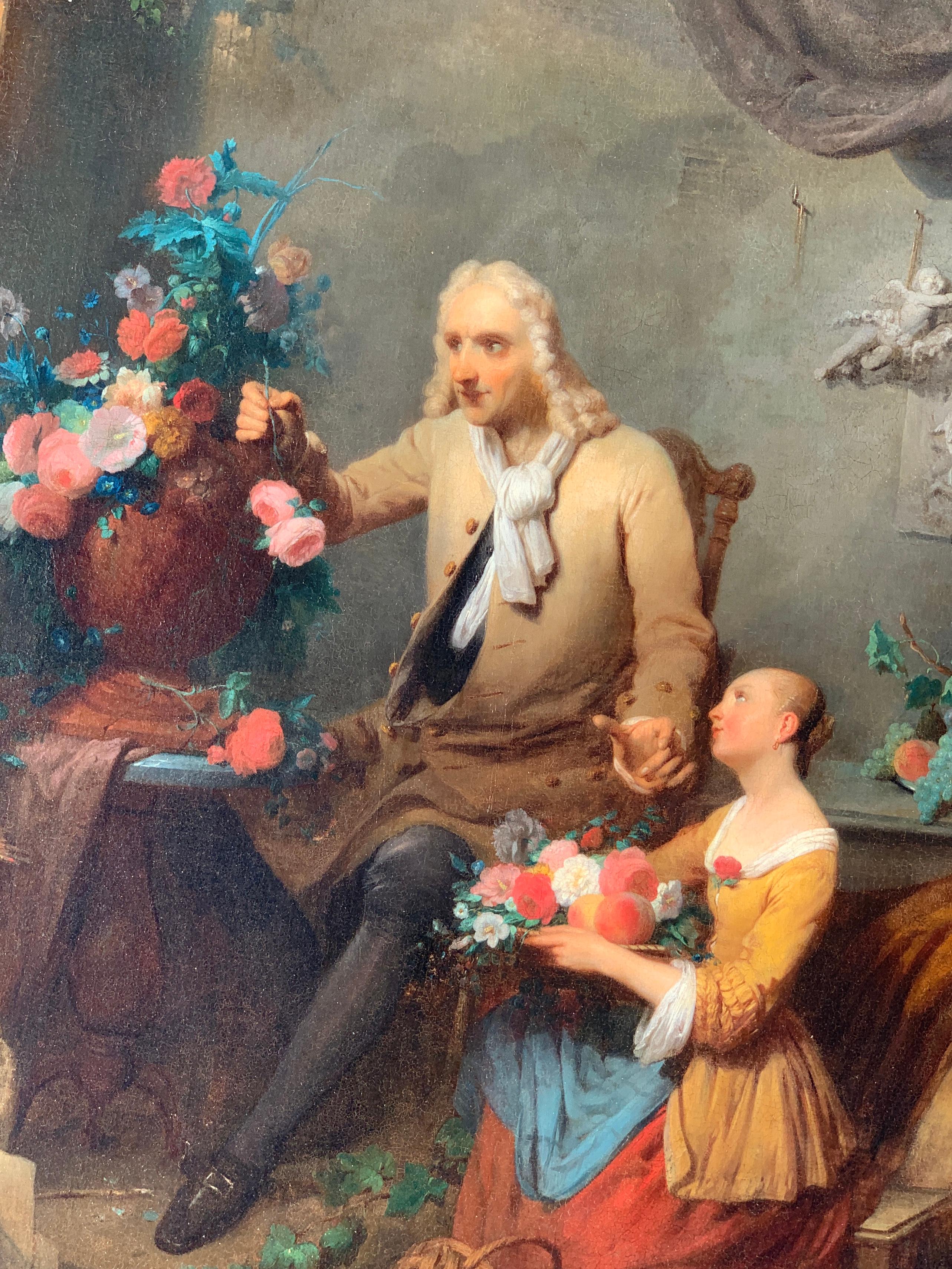 Dutch antique Portrait of an Artist in his studio with a young girl, flowers  - Painting by Petrus Kremer