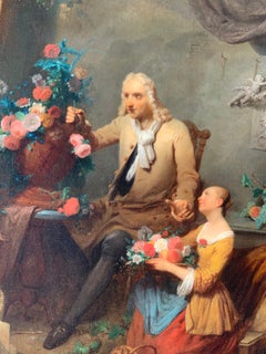 Dutch antique Portrait of an Artist in his studio with a young girl, flowers