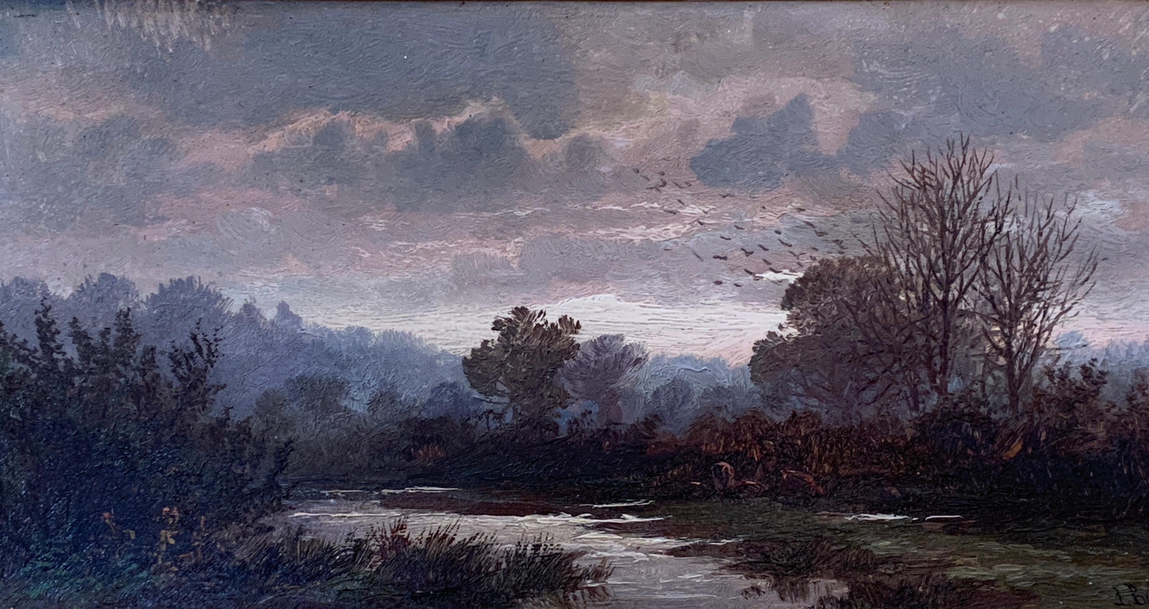 English Victorian 19th century Autumn River landscape with trees - Painting by John Barrett
