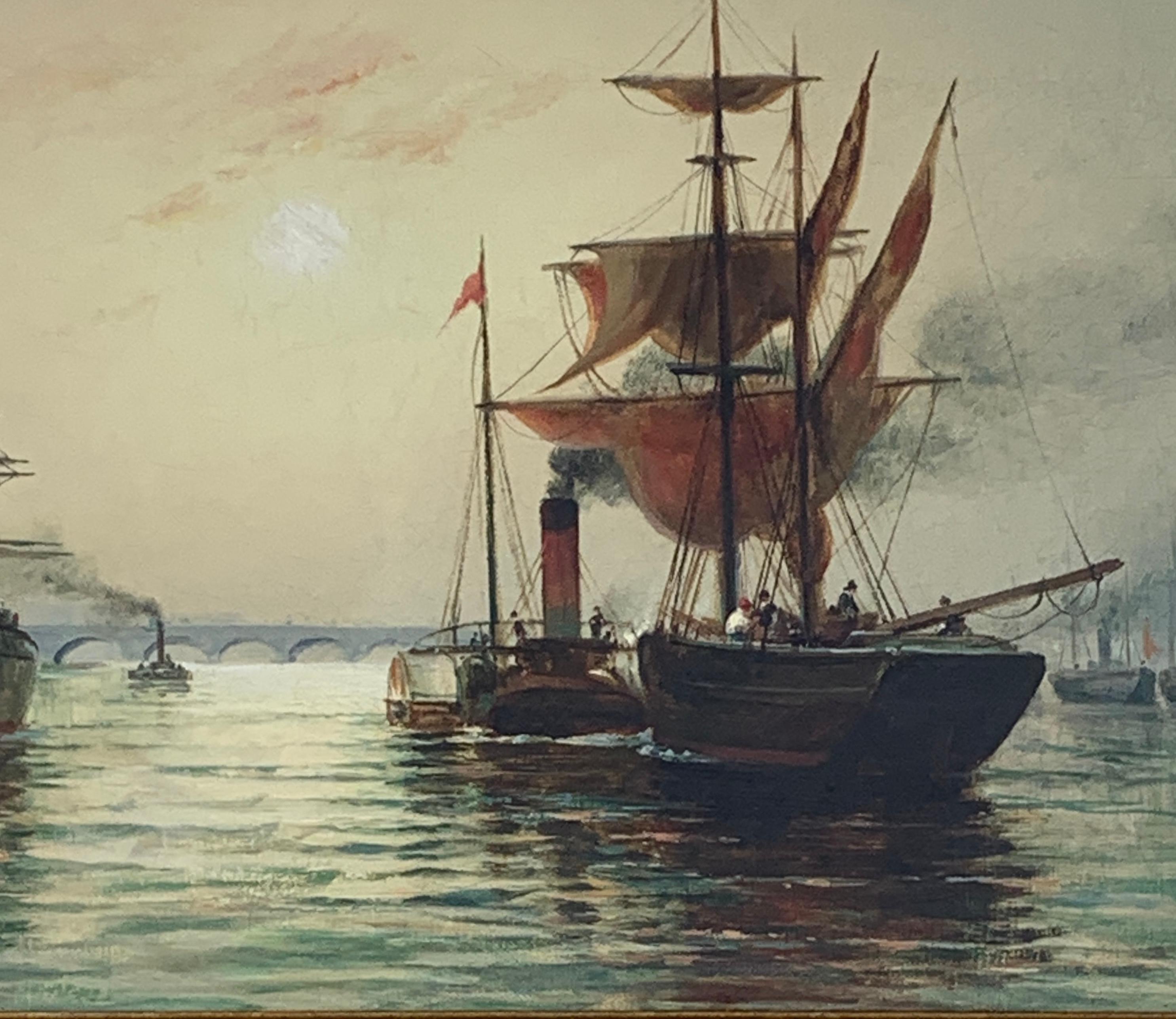 Victorian English Steam and sail ships on the Thames, London - Painting by H.C. Wilder