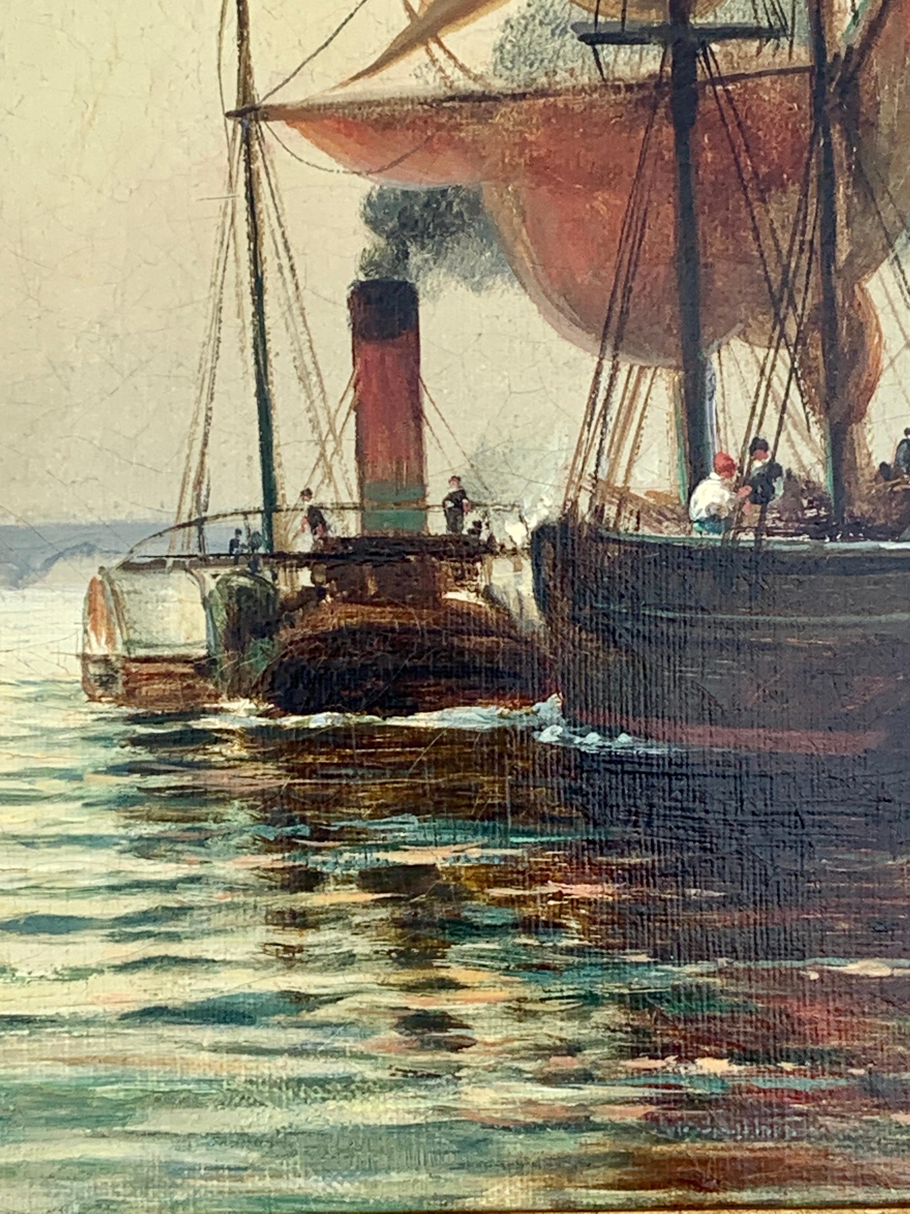 Victorian English Steam and sail ships on the Thames, London - Brown Figurative Painting by H.C. Wilder