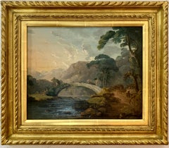 English early 19th century landscape with figures, cottages, horse and cart.