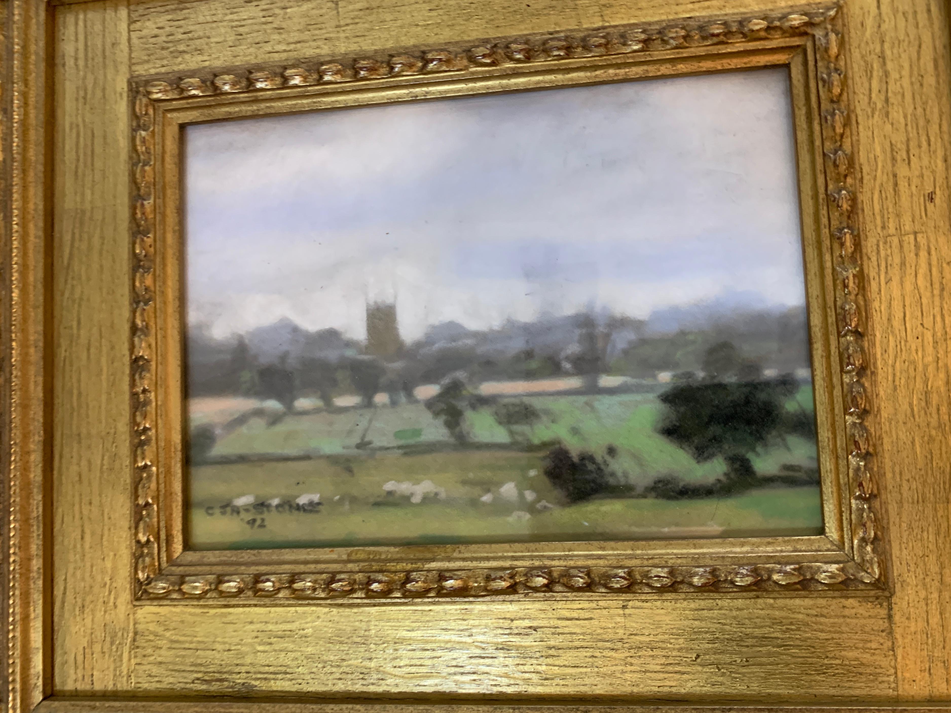 English Impressionist scene of a landscape with a church - Painting by Christopher Assheton-Stones