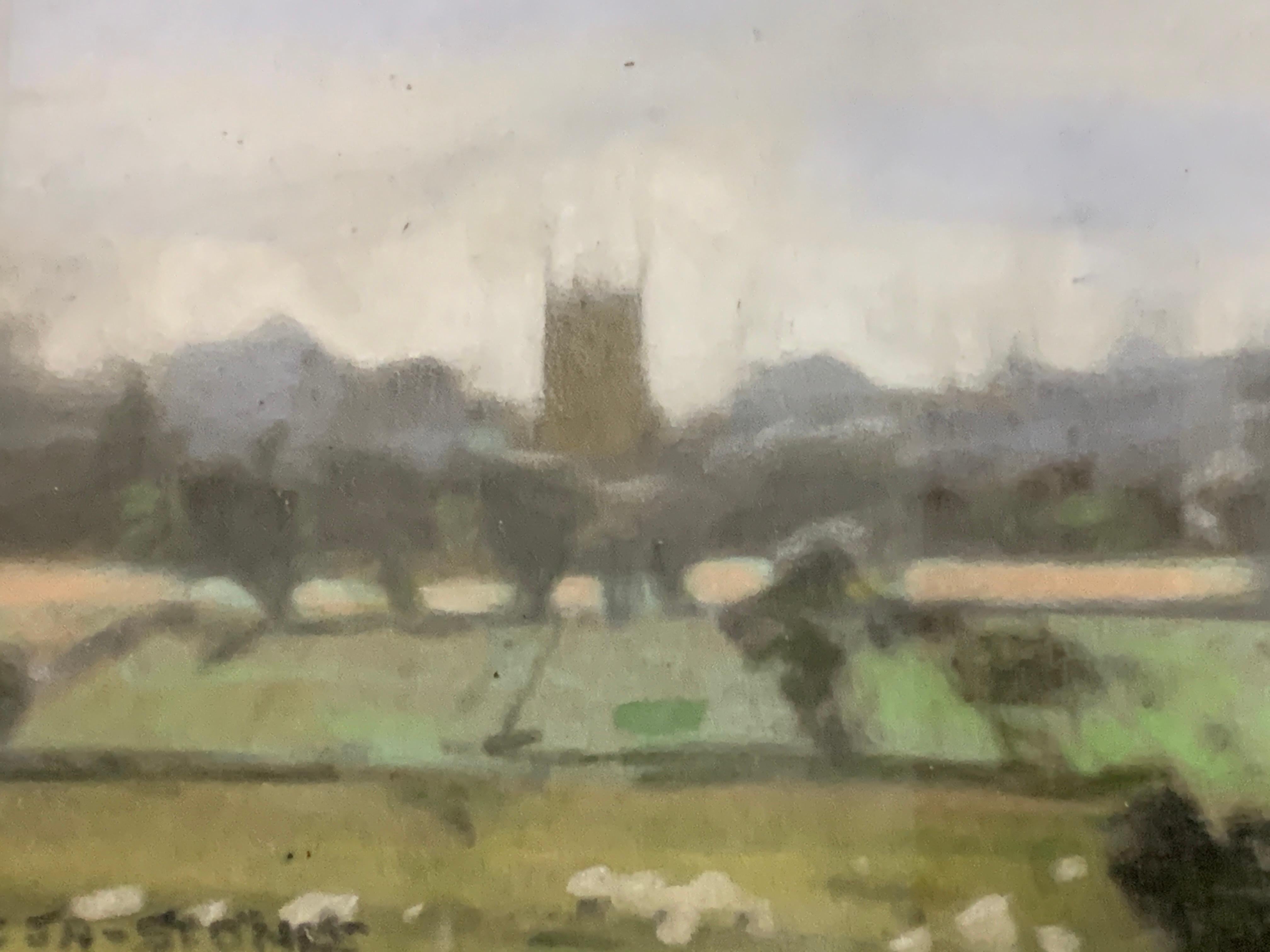 English Impressionist scene of a landscape with a church - Brown Landscape Painting by Christopher Assheton-Stones