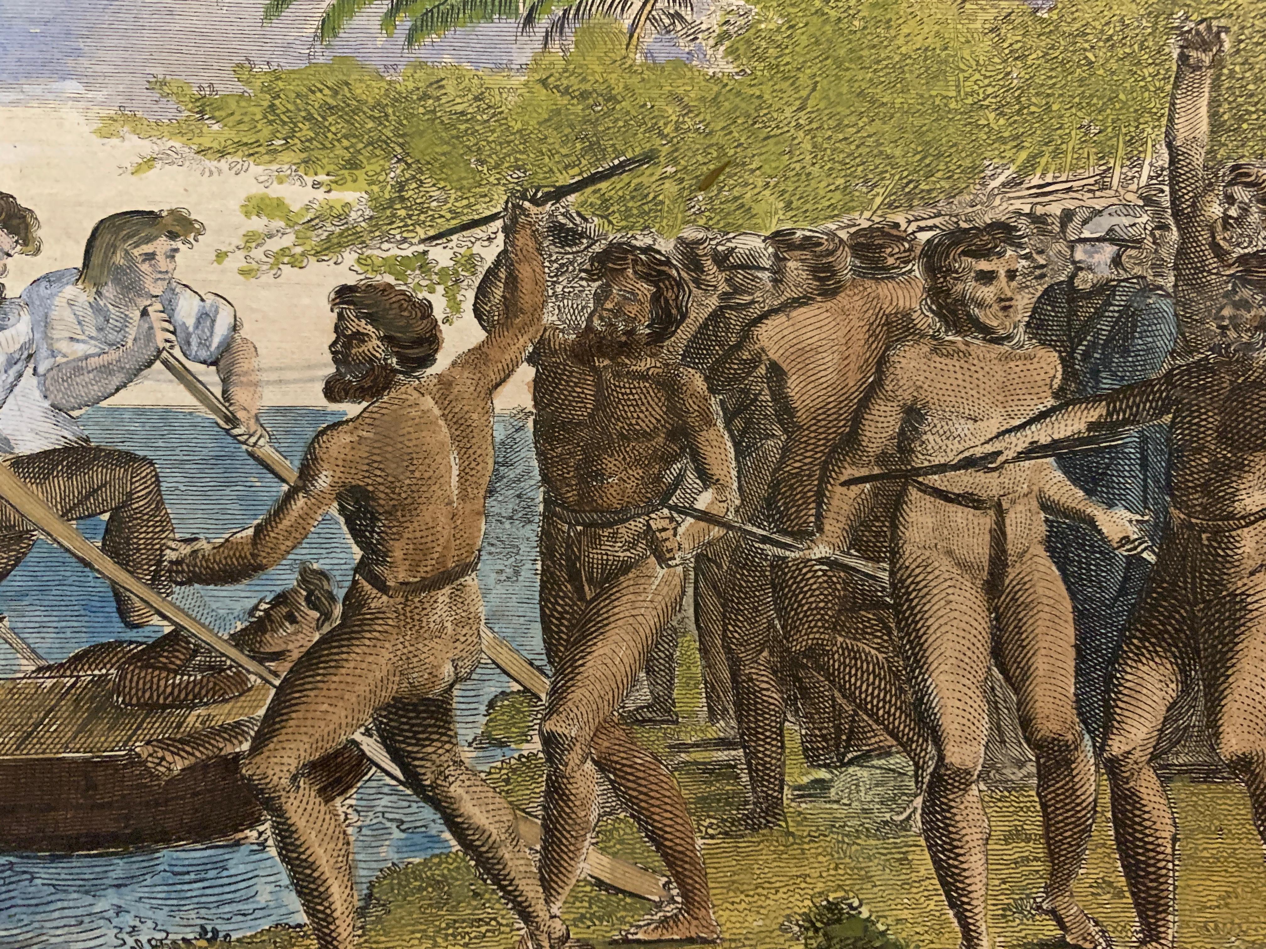 Very Interesting pair of hand-colored engravings of Captain Cook landing in Mallicolo and Erramanga, New Hebrides.
Possibly taken from a book these are of great historical interest. 

The hand-coloring is later possibly from the 19th century. This