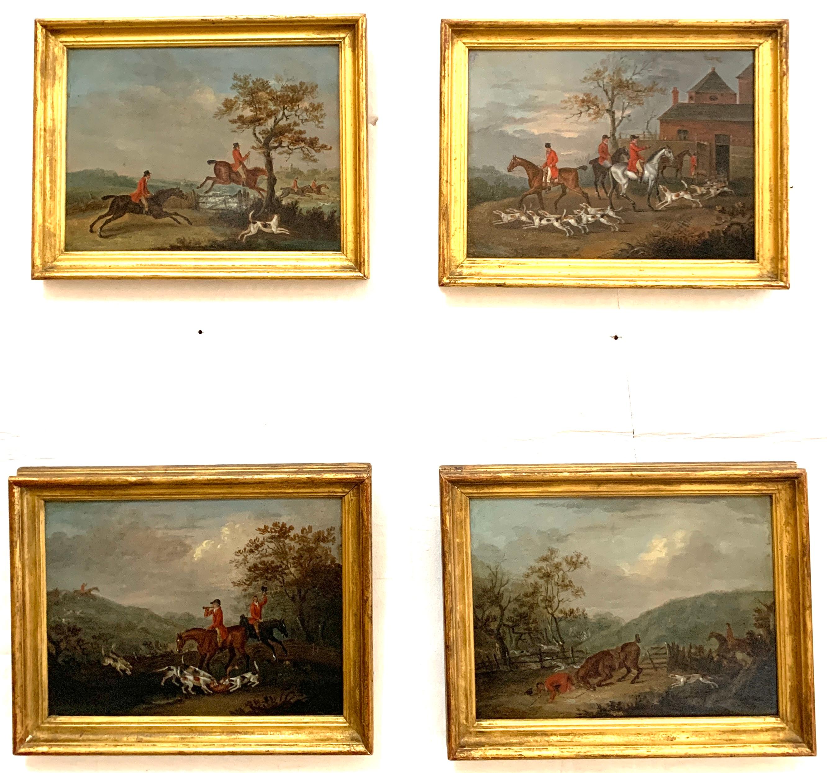John Nost Sartorius Animal Painting - Set of 4 early 19th century Fox hunting landscape with men in red upon horseback
