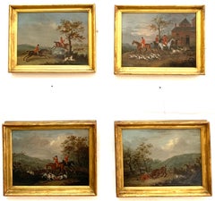 Ensemble de 4 paysages de chasse à la renard du début du 19e siècle avec des hommes en rouge à cheval à cheval