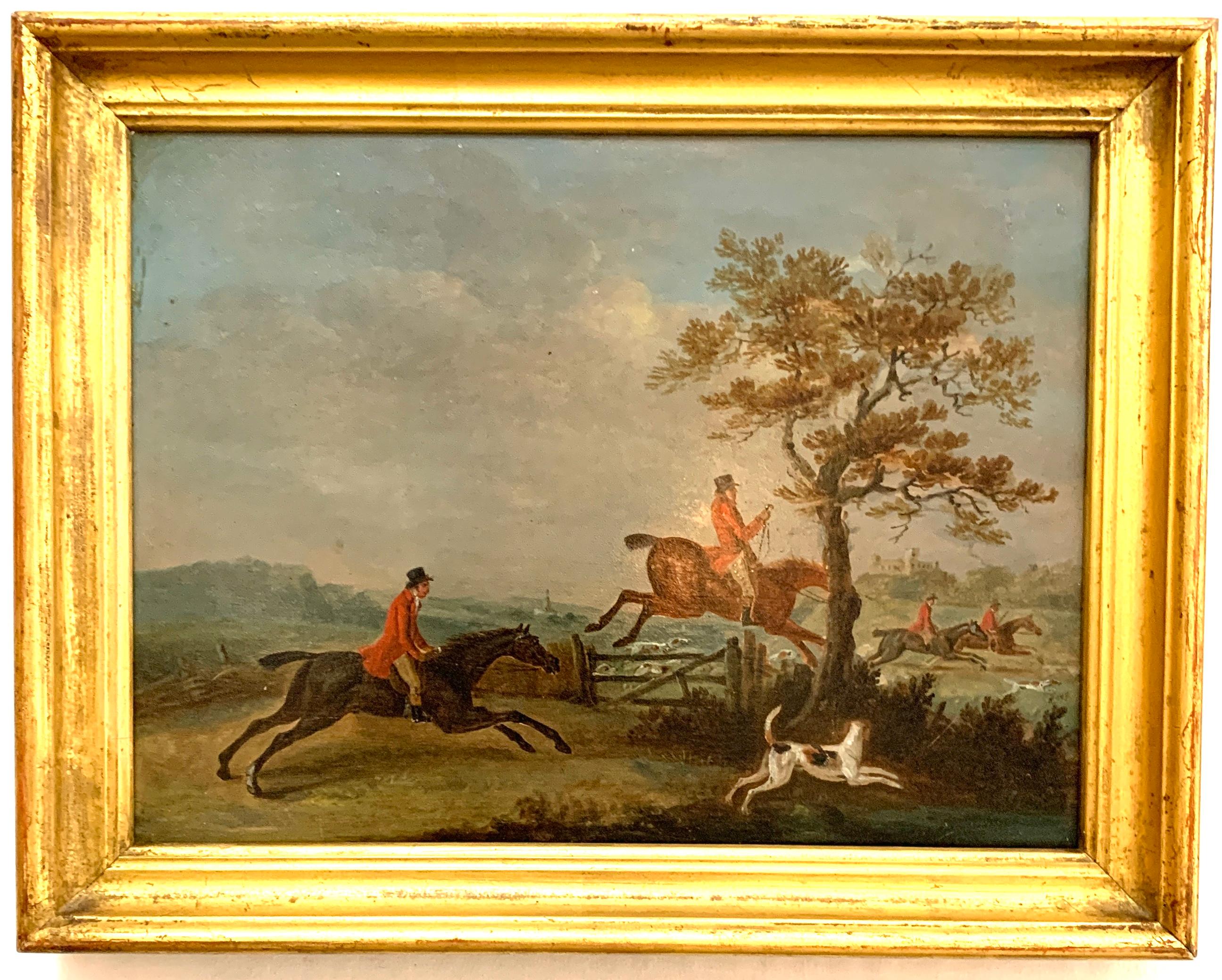 Set of 4 early 19th century Fox hunting landscape with men in red upon horseback - Painting by John Nost Sartorius