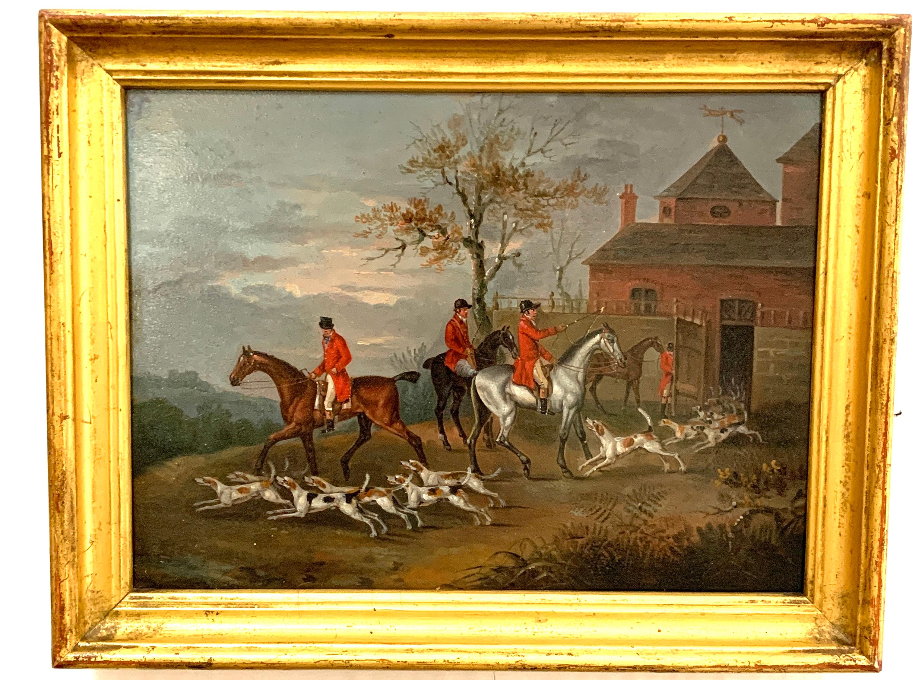 Set of 4 early 19th century Fox hunting landscape with men in red upon horseback - Victorian Painting by John Nost Sartorius