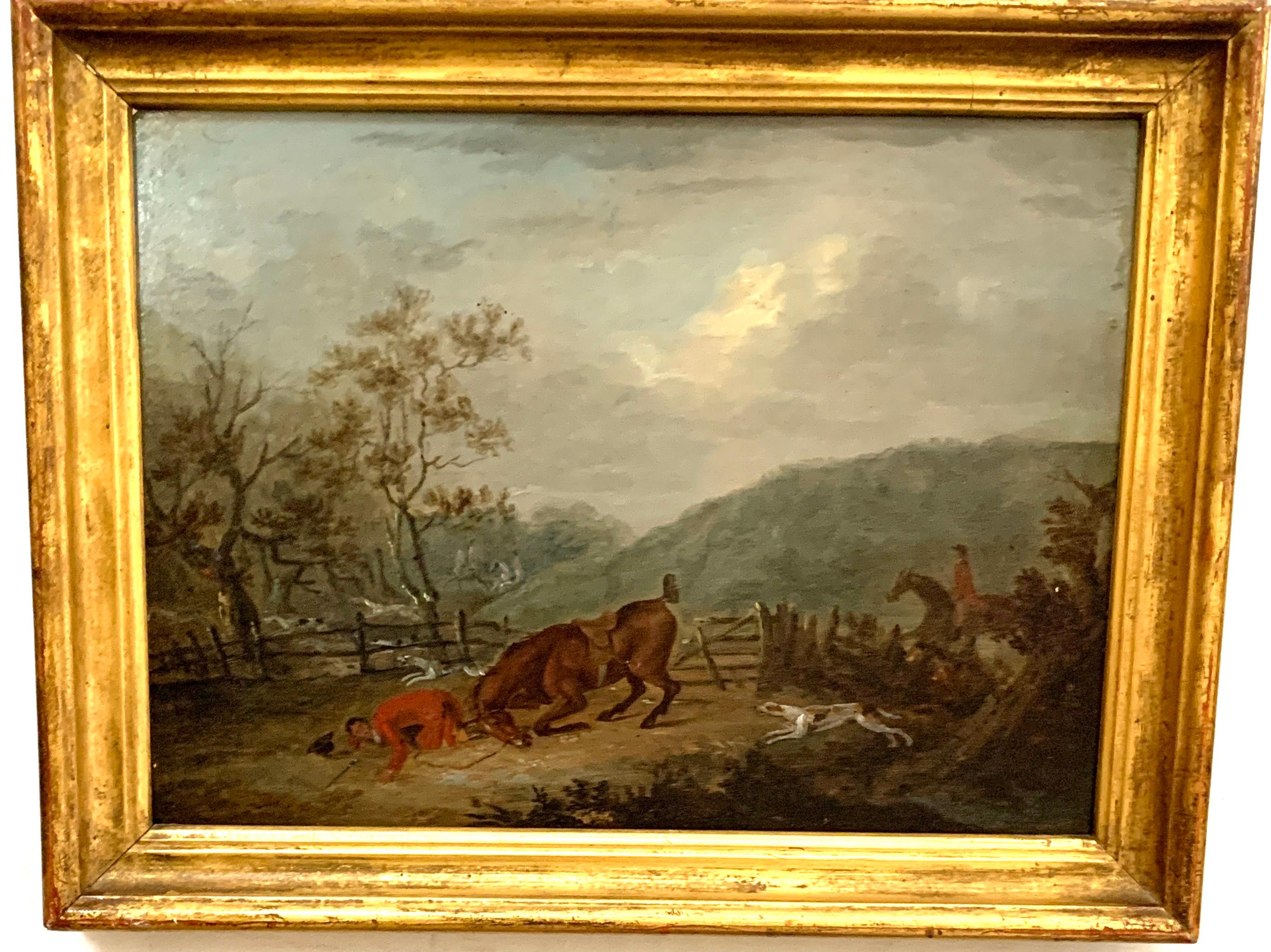 Set of 4 early 19th century Fox hunting landscape with men in red upon horseback - Brown Animal Painting by John Nost Sartorius