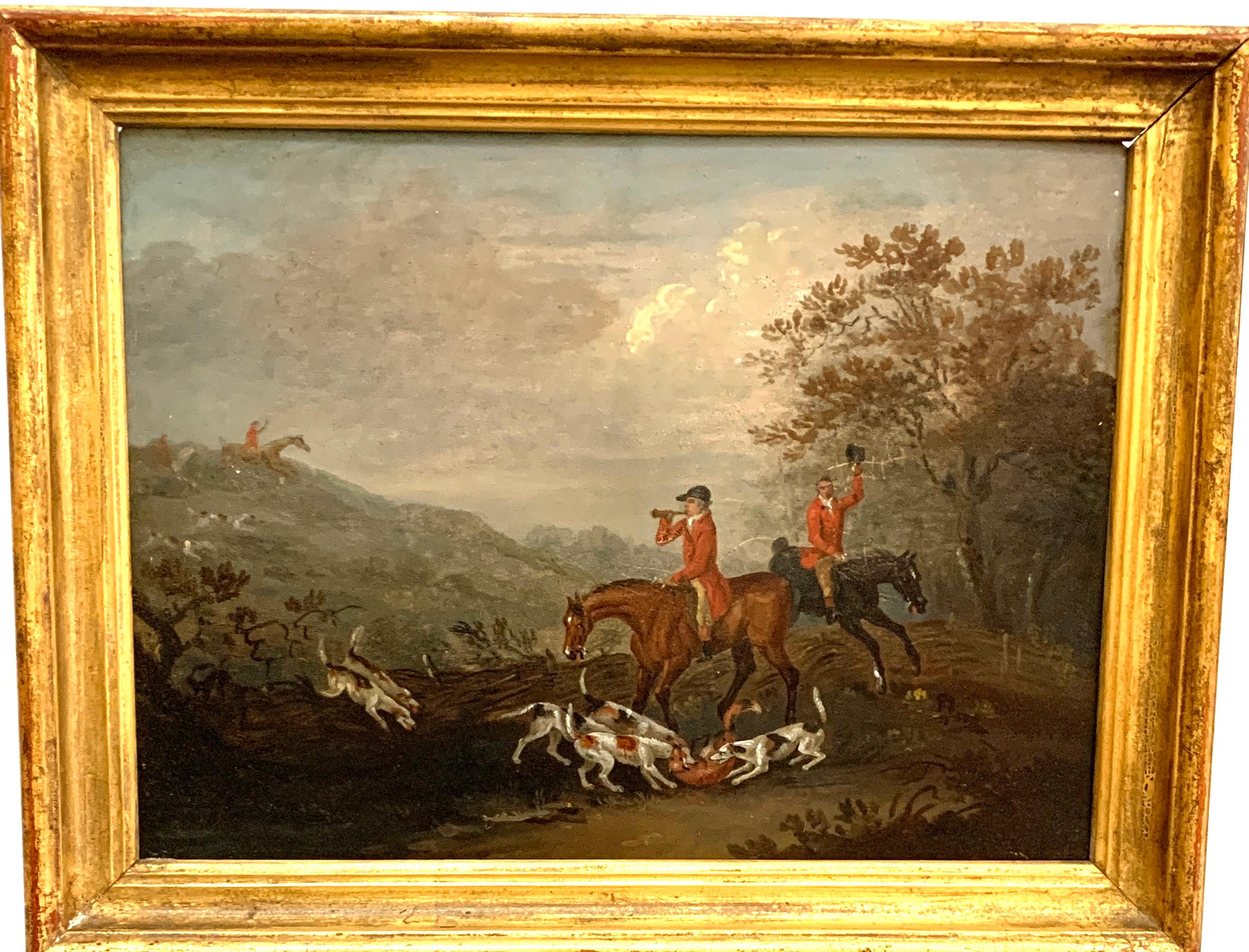 Set of 4 early 19th century Fox hunting landscape with men in red upon horseback.

John Nost Sartorius (1755-1828) was an English painter of horses, horse racing, and hunting scenes. He is considered the best known and most prolific of the Sartorius