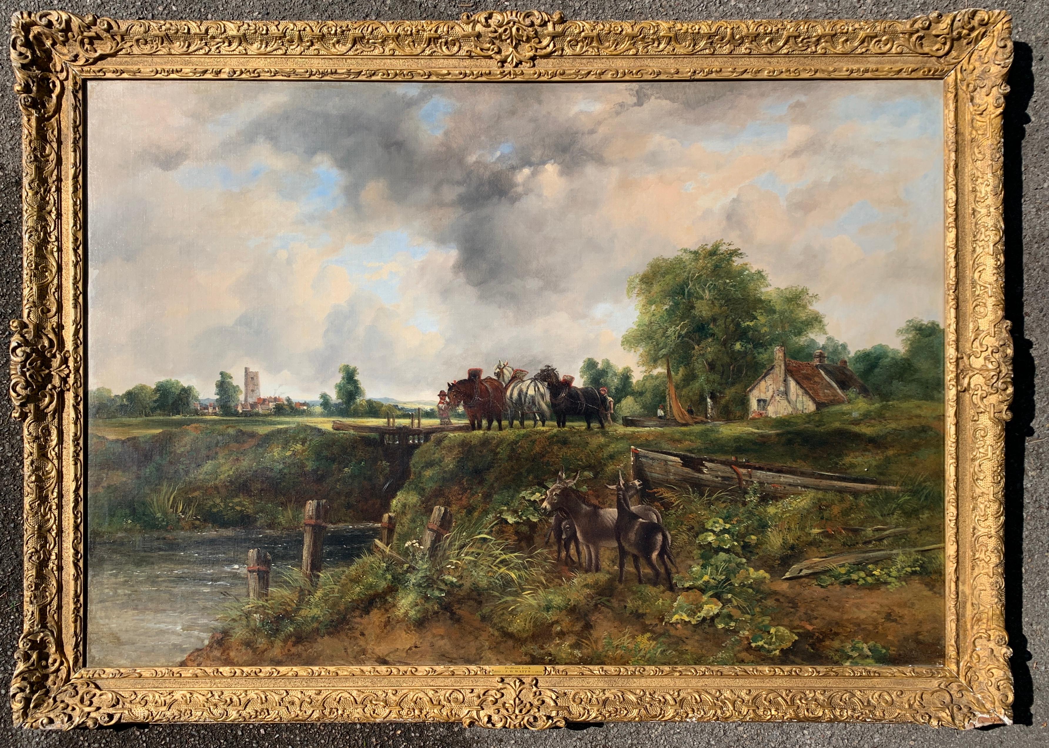 Frederick Walters Watts Figurative Painting - 19th century English Victorian landscape of Dedham Lock with horses and donkeys