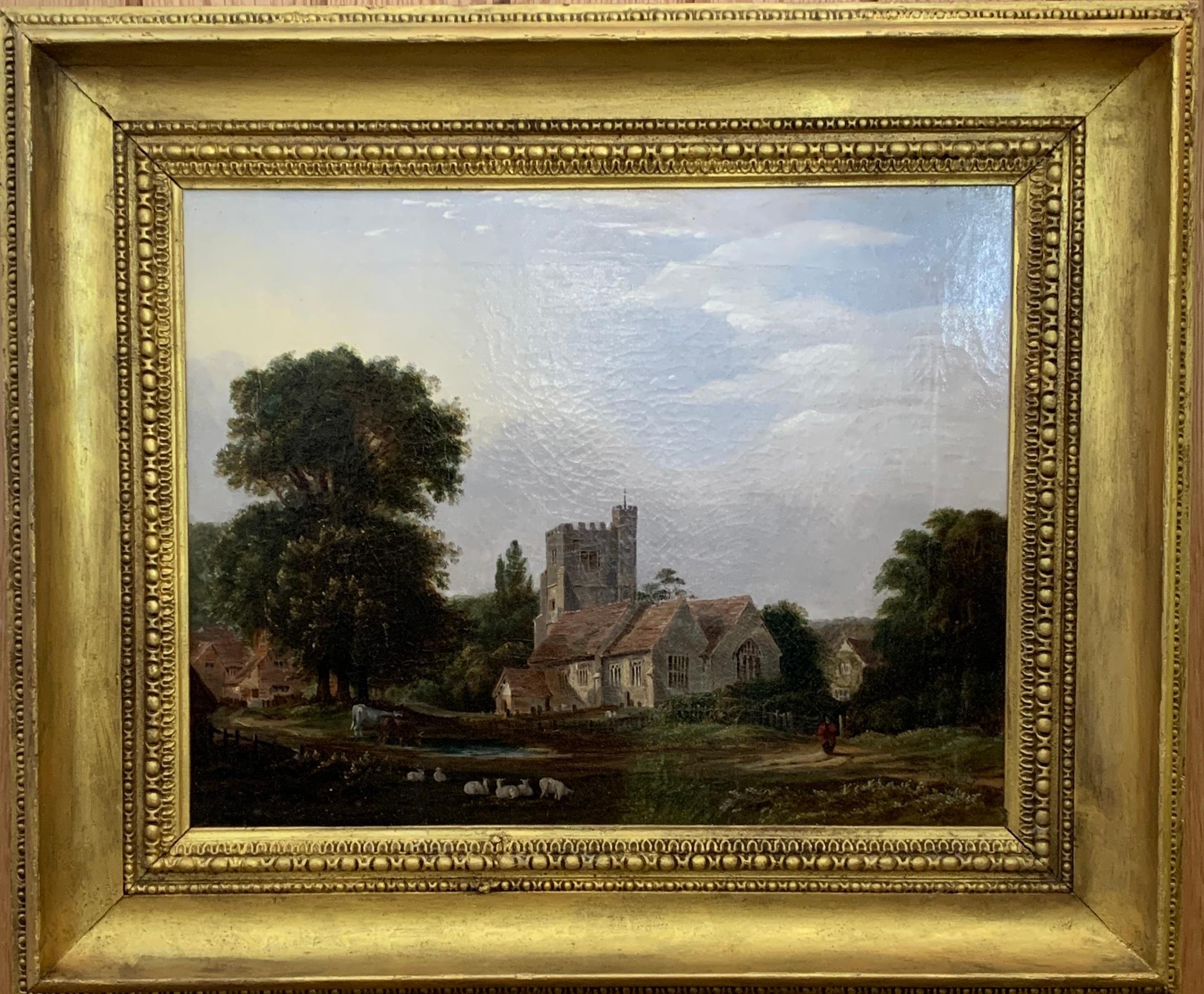 J.Danburg Figurative Painting - English 19th century Victorian landscape with a Norman Church , sheep and figures