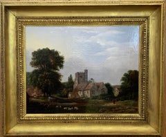 English 19th century Victorian landscape with a Norman Church , sheep and figures