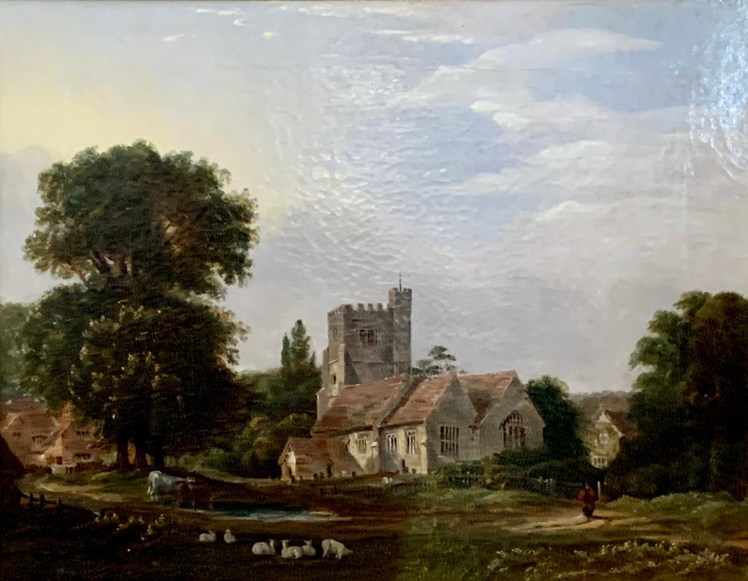 English 19th century Victorian landscape with a Norman Church , sheep and figures - Painting by J.Danburg