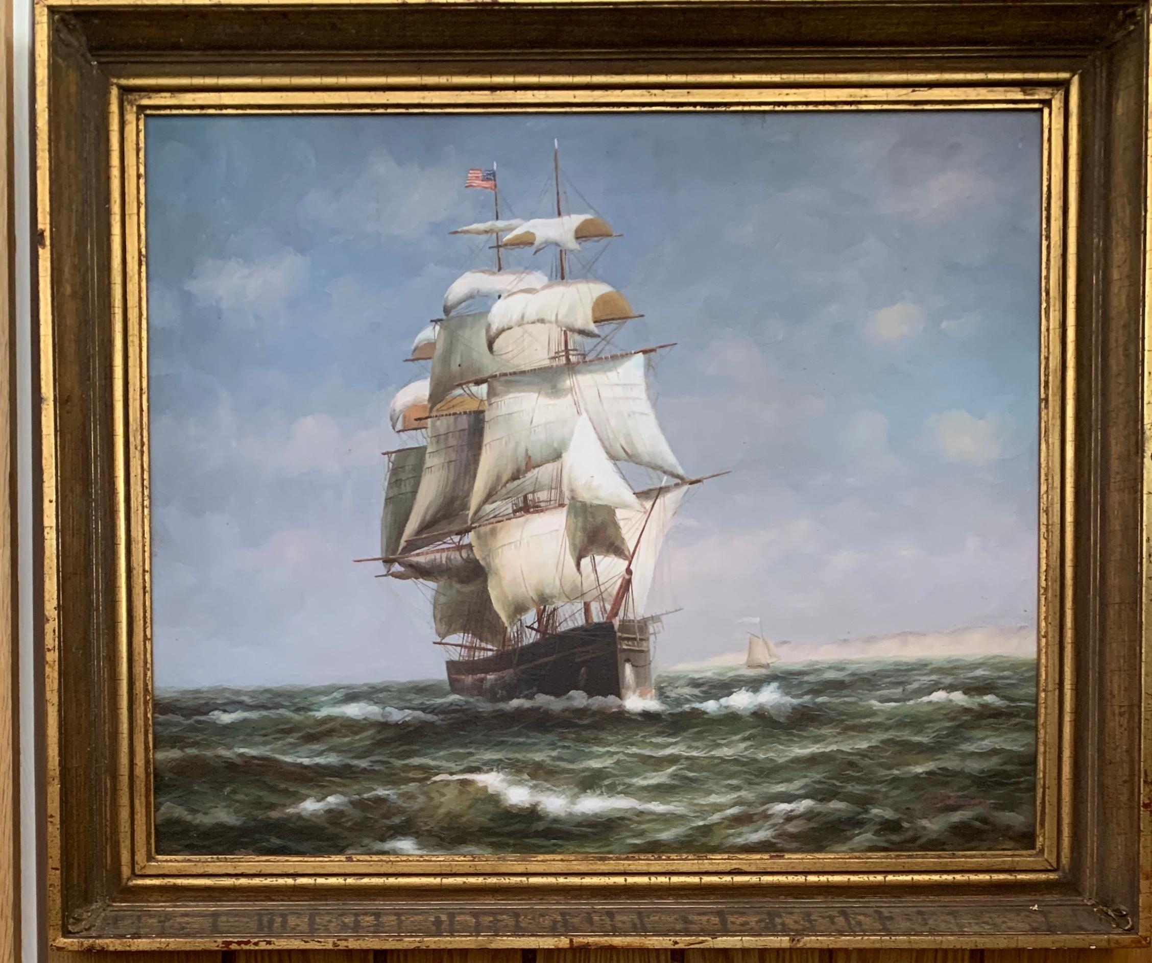 P.J.Levin Figurative Painting - 19th century style American tea clipper-sailboat at sea with a landscape beyond.