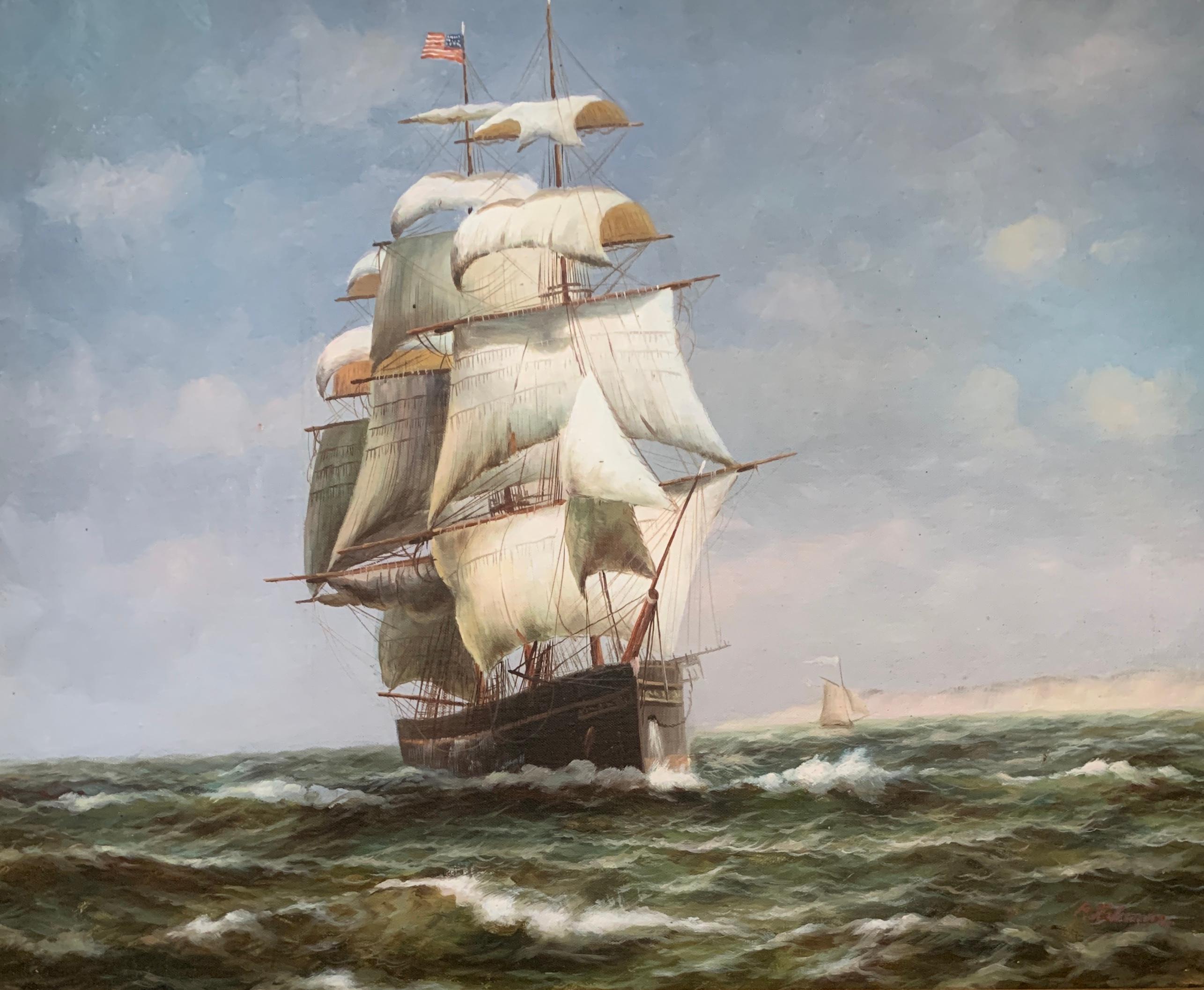 19th century style American tea clipper-sailboat at sea with a landscape beyond. - Painting by P.J.Levin