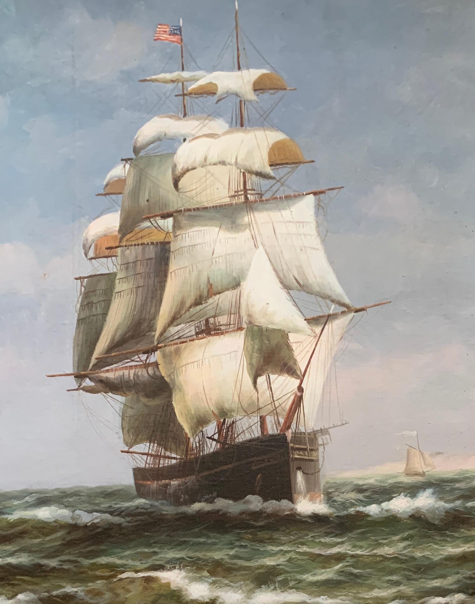 19th century style American tea clipper-sailboat at sea with a landscape beyond. - Realist Painting by P.J.Levin