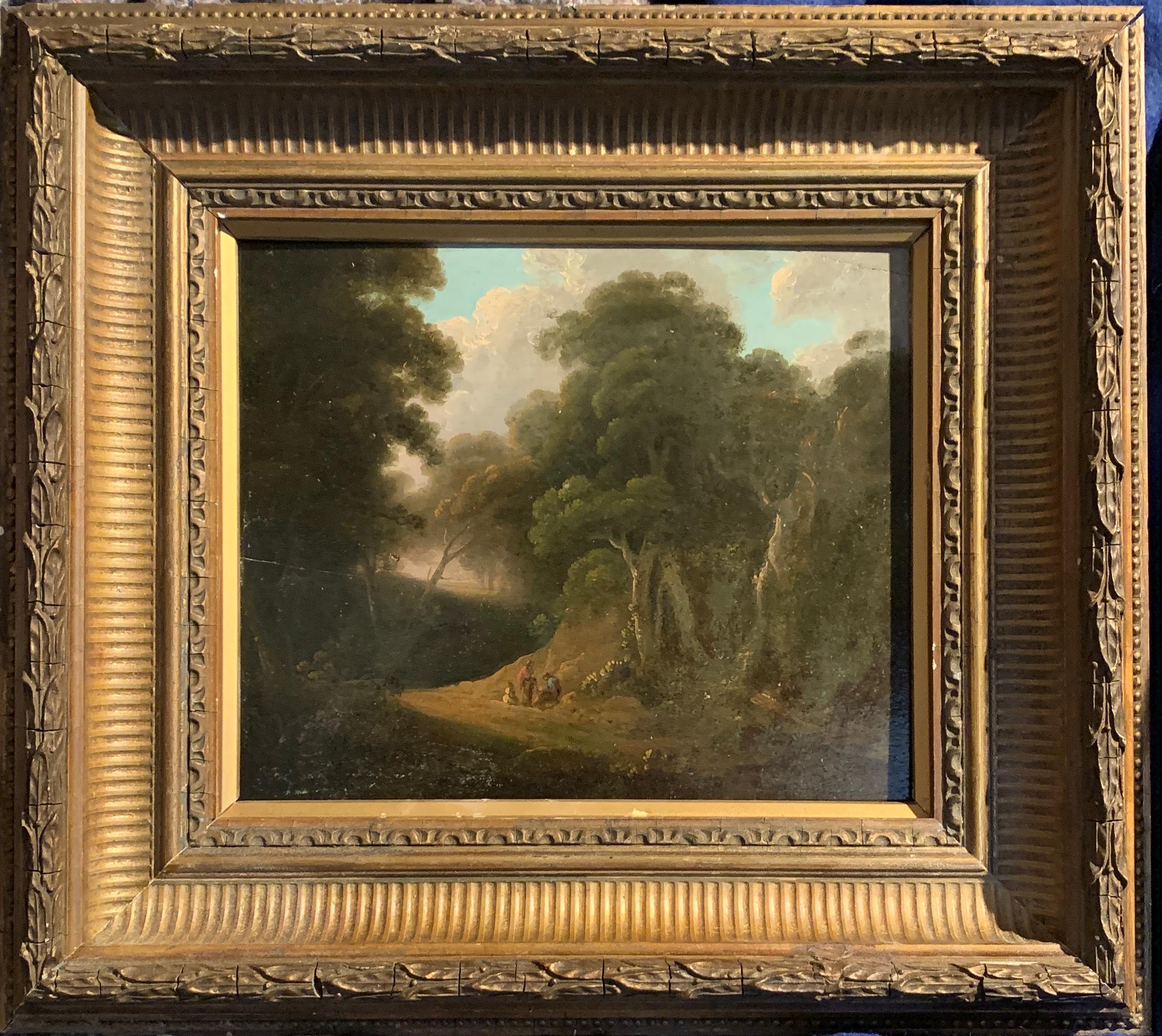 John Rathbone Figurative Painting - 18th century English tree lined landscape with a pathway with figures resting.