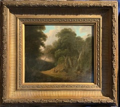 Paysage anglais du 18e siècle bordé d'arbres avec un chemin avec des personnages reposant.