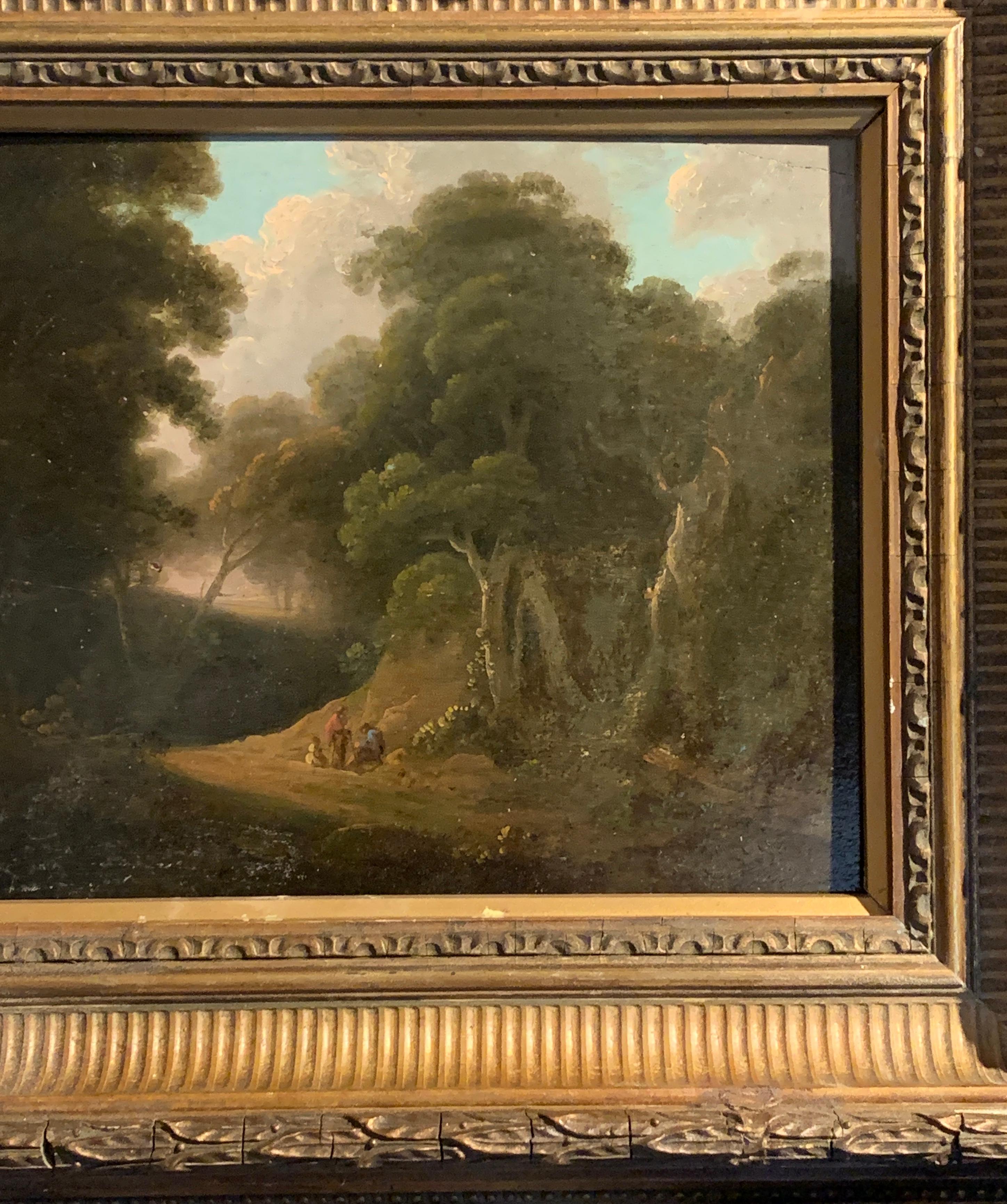 18th century English tree lined landscape with a pathway with figures resting. - Painting by John Rathbone