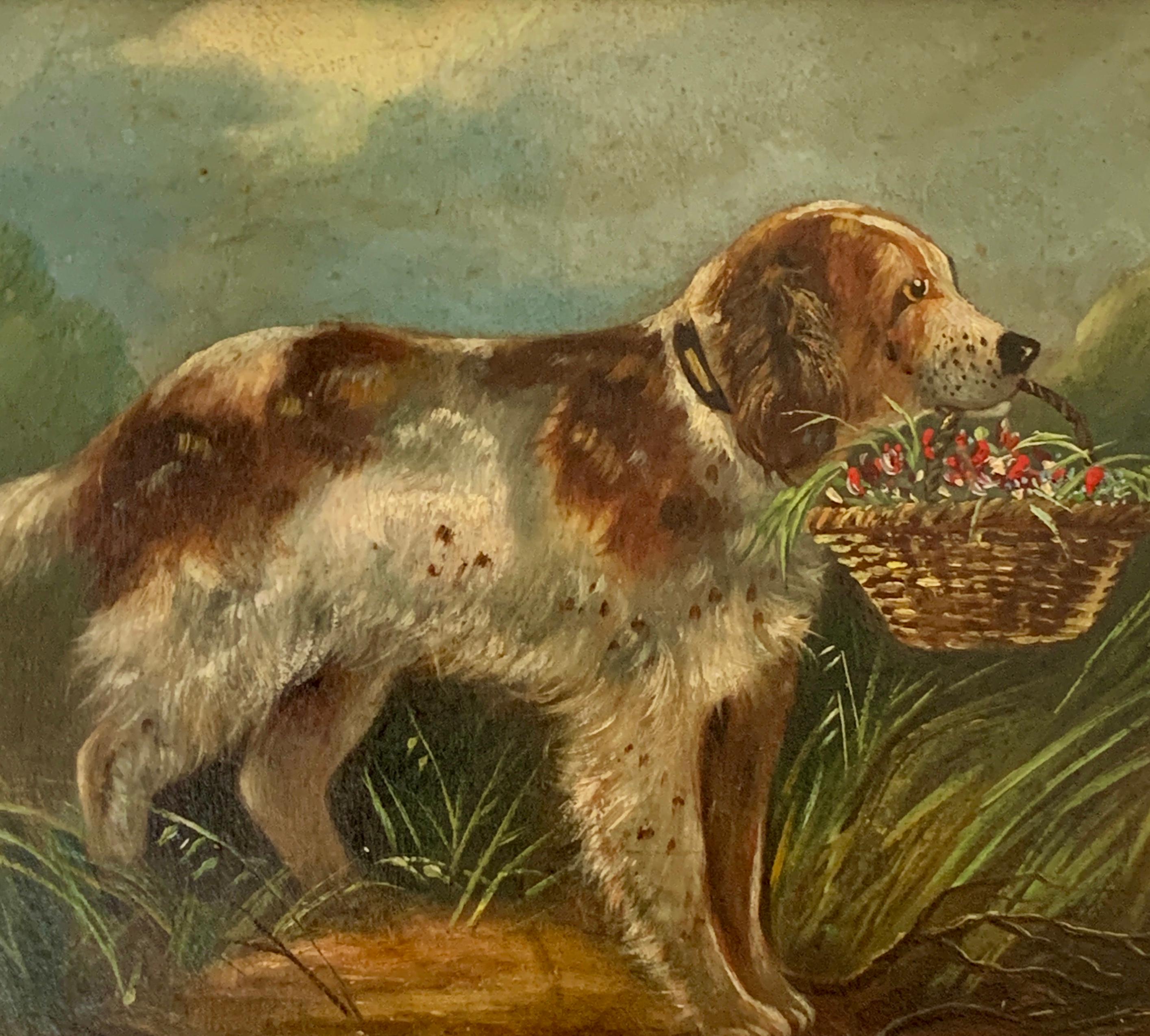 English Victorian portrait of a Spaniel dog holding a basket in a landscape. - Painting by Attributed to Edward Armfiled