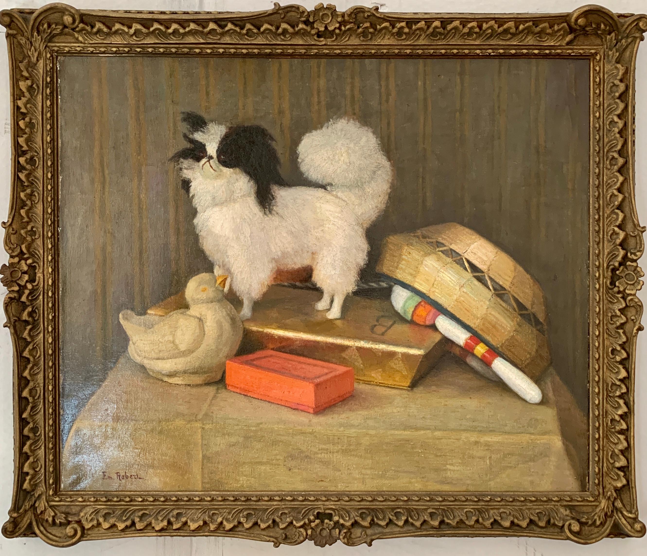 E.Robert Animal Painting - French 19th century portrait of a Papillon dog with its toys, books and basket.