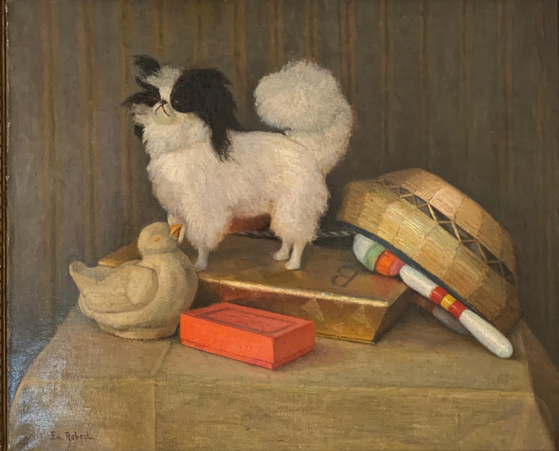 French 19th century portrait of a Papillon dog with its toys, books and basket. - Painting by E.Robert