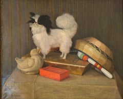 French 19th century portrait of a Papillon dog with its toys, books and basket.