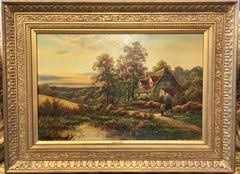 English 19th century Cottage landscape with woman and geese with the setting Sun