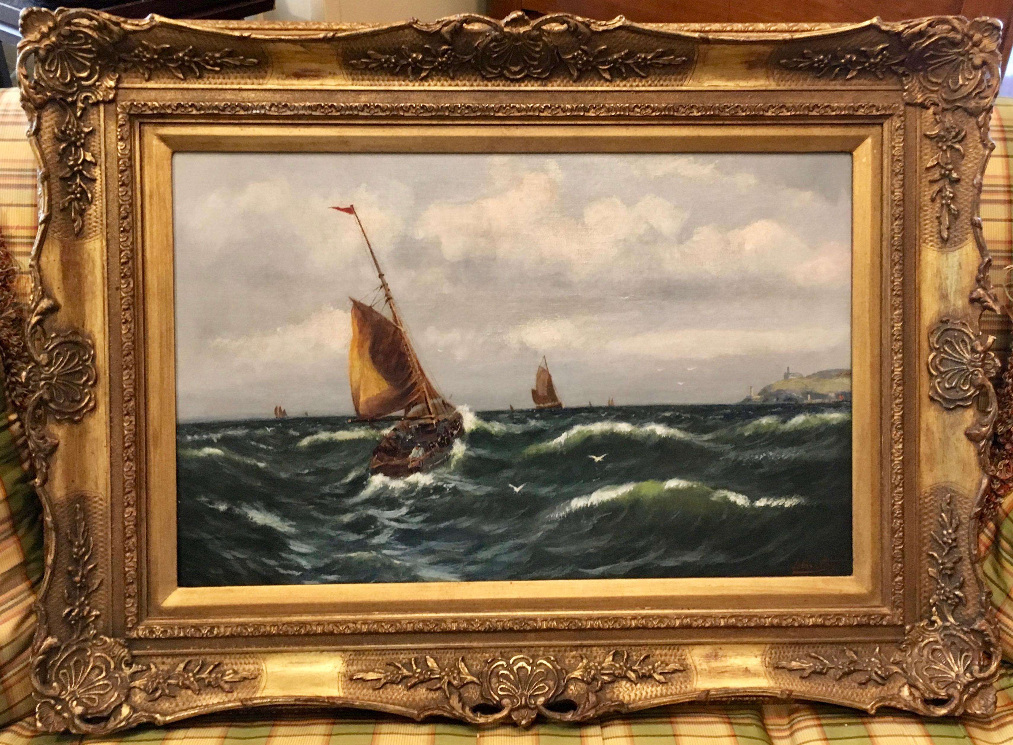 John Fox Figurative Painting - English Victorian 19thC  Antique fishing boats at sea off the coastal landscape.