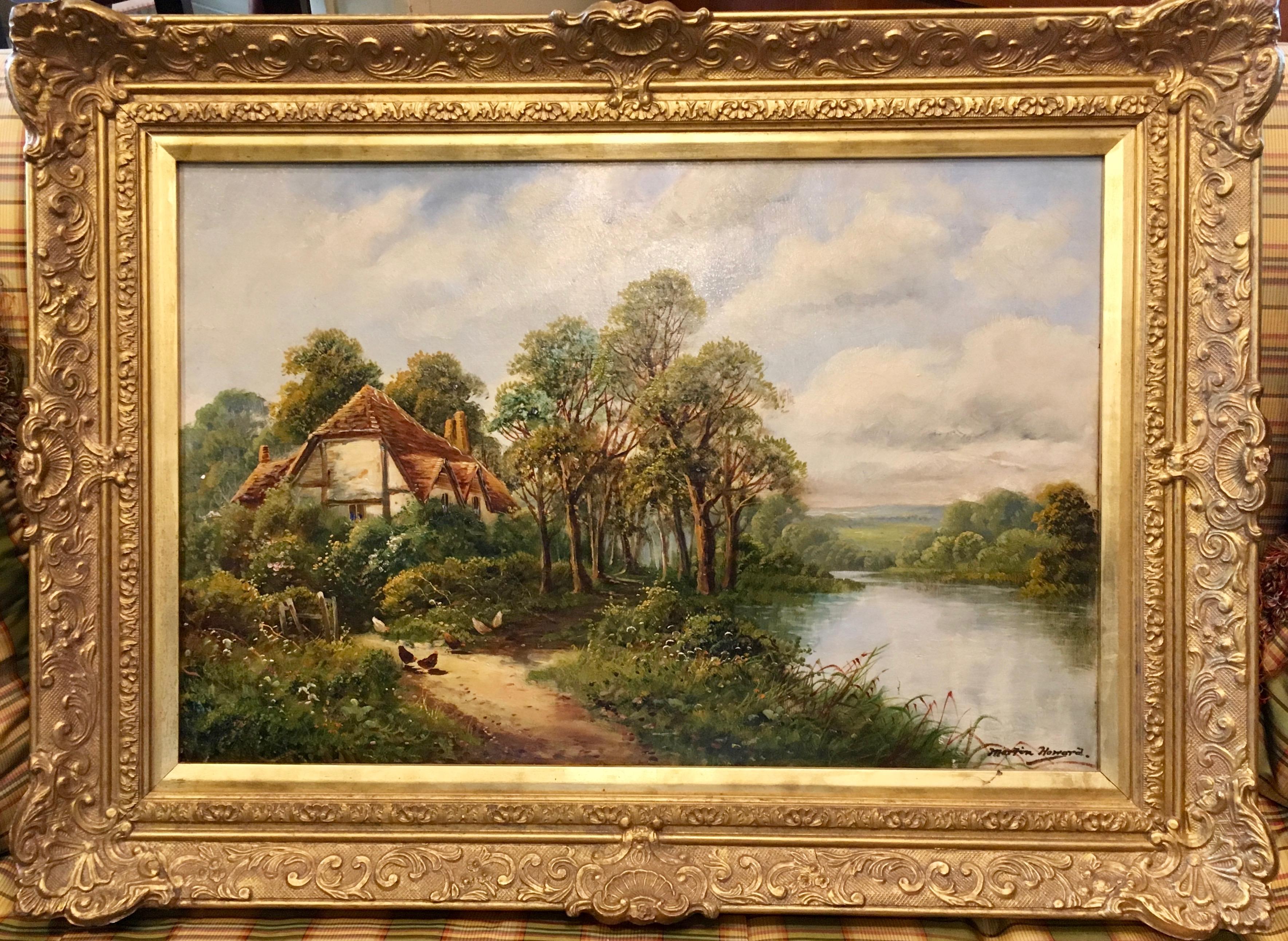 Martin Howard Landscape Painting - Antique 19th C  English Cottage landscape with pond, oak trees, chickens 