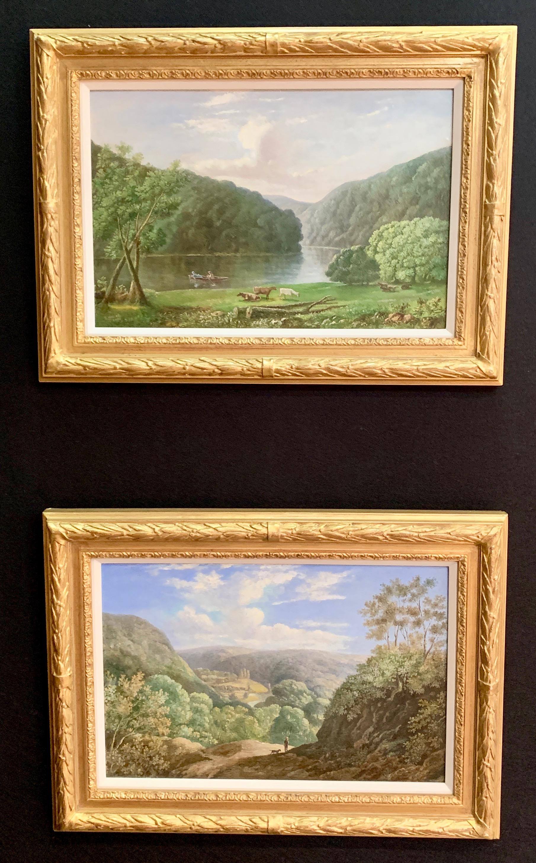 F.Husted Landscape Painting - Pair of English Antique river landscapes with cows, Wye Valley, Tintern Abby 