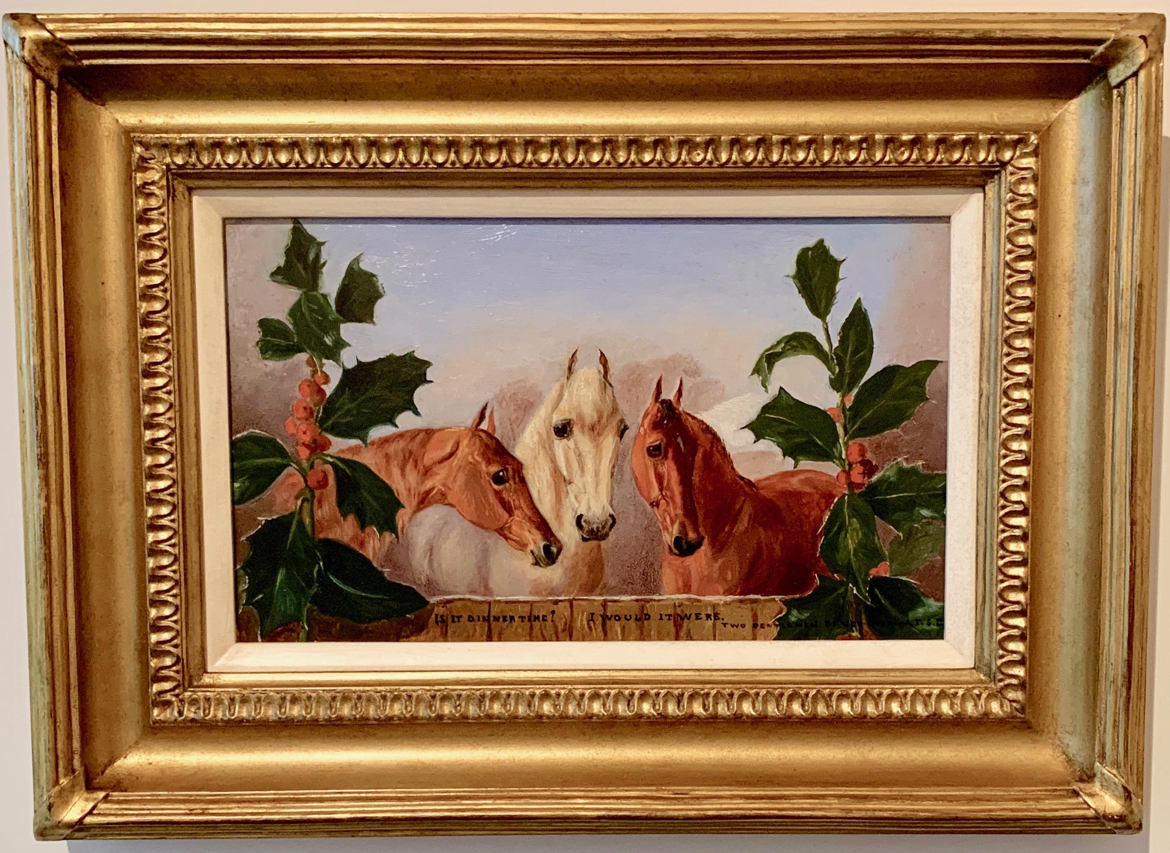 Algernon Stuart Portrait Painting - Antique English Horses portrait with holly, Shakespeare quote, in a landscape.